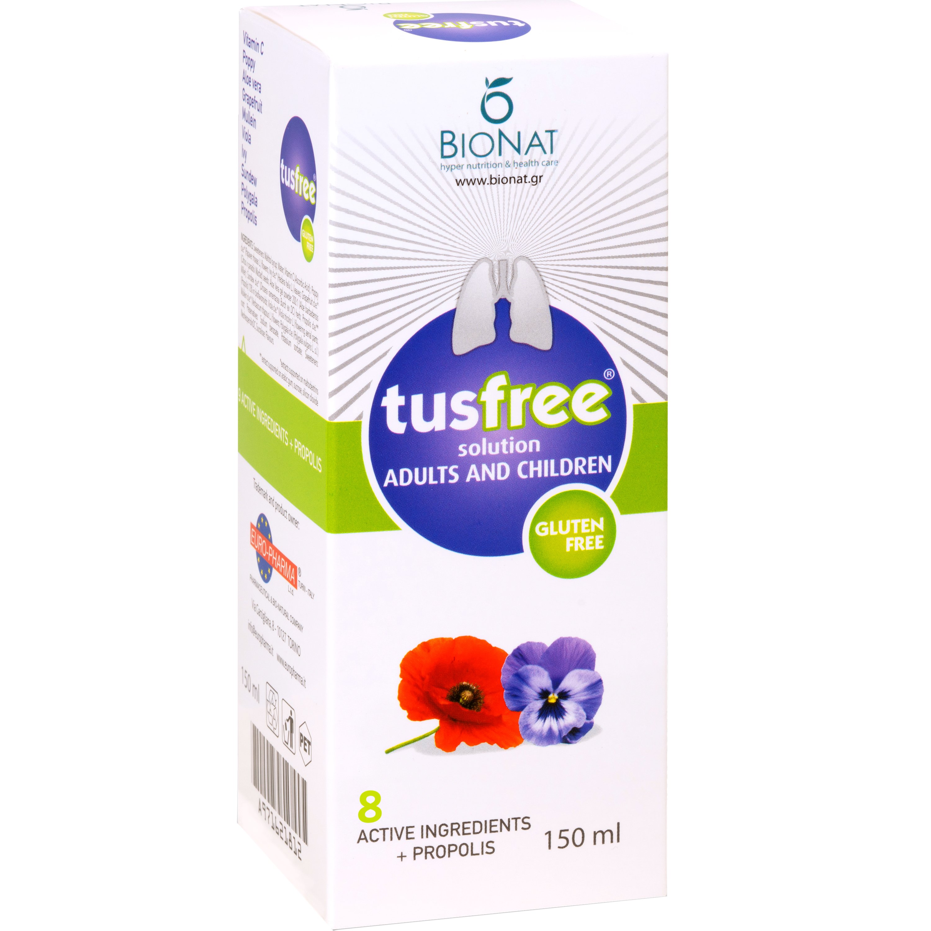 Euro-Pharma Euro-Pharma Tusfree Syrup Συμπλήρωμα Διατροφής με Εκχυλίσματα Βοτάνων, Πρόπολη & Βιταμίνη C σε Σιρόπι Κατά του Ξηρού & Παραγωγικού Βήχα για Ενίσχυση του Ανοσοποιητικού Έναντι Λοιμώξεων του Αναπνευστικού με Ευχάριστη Γεύση 150ml