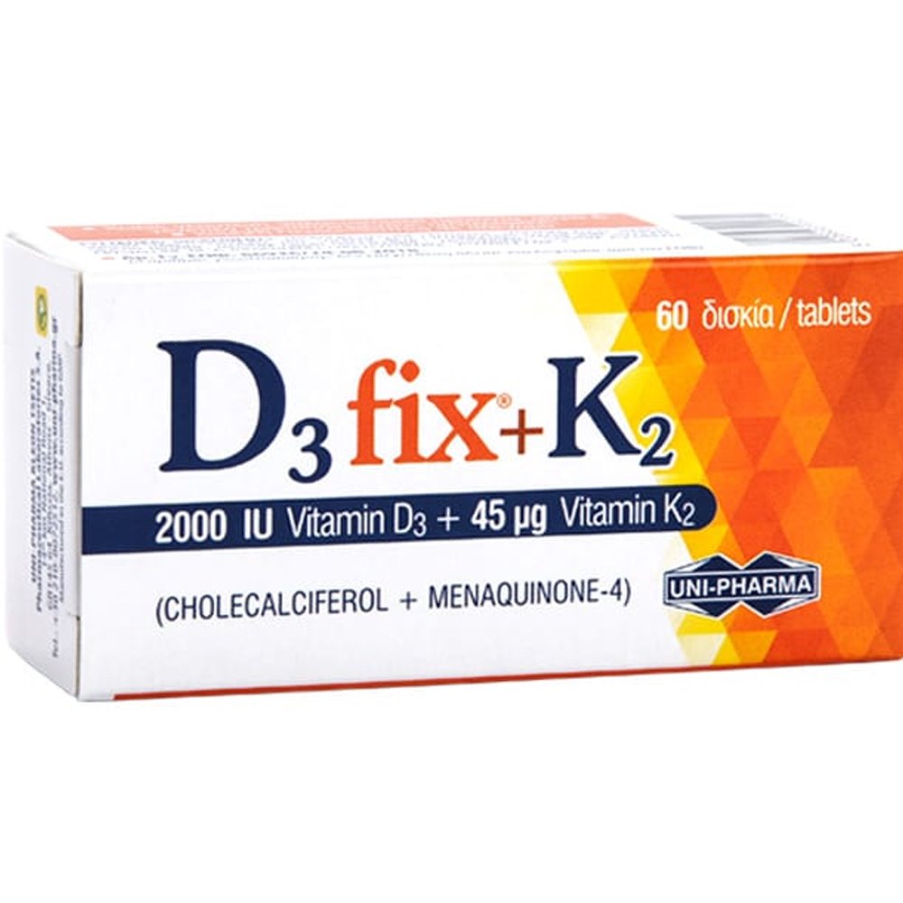 Uni-Pharma Uni-Pharma D3 Fix 2000iu + K2 45mg Συμπλήρωμα Διατροφής με Βιταμίνη D3 για την Καλή Λειτουργία των Οστών & Ανοσοποιητικού & Κ2 για τη Φυσιολογική Πήξη του Αίματος 60tabs