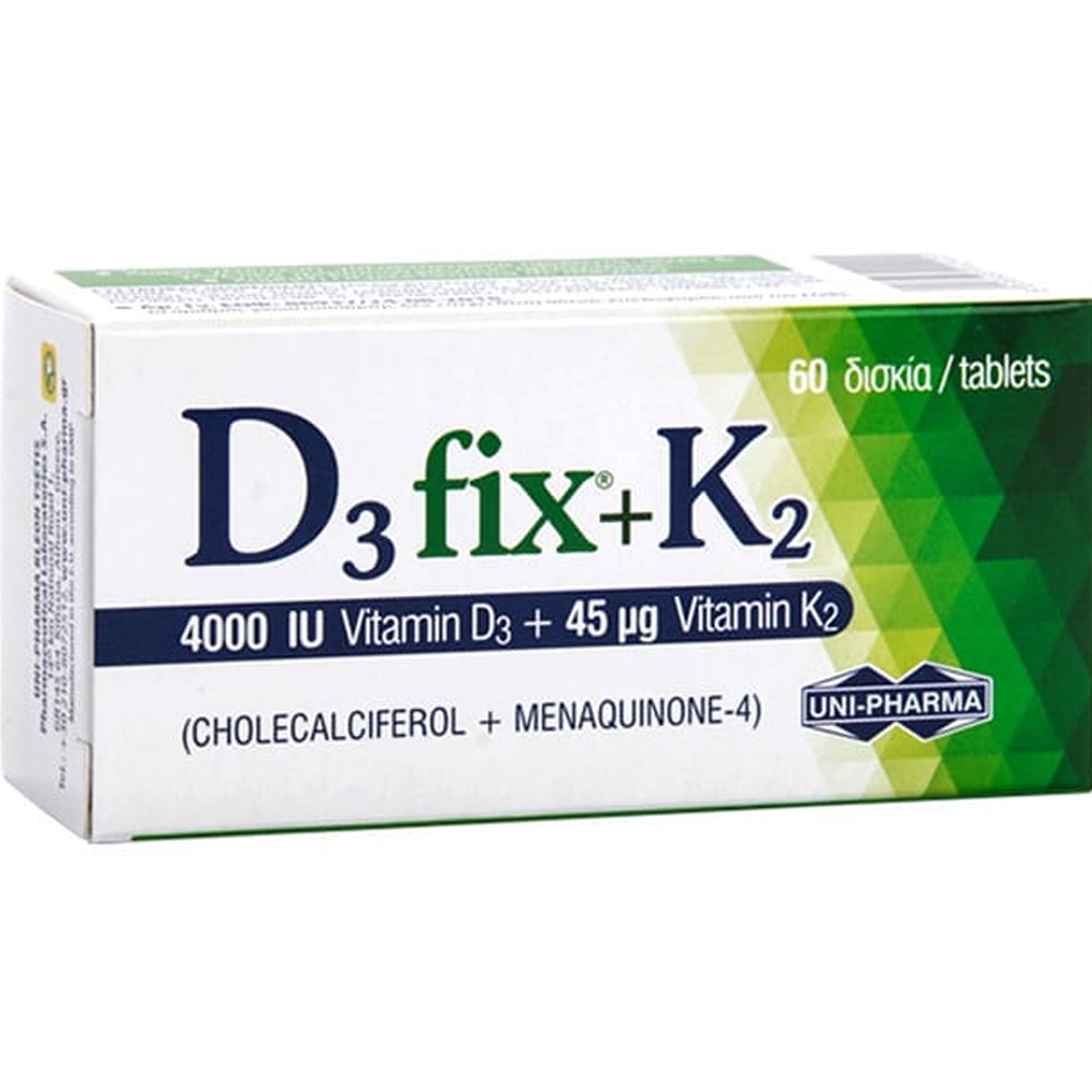 Uni-Pharma Uni-Pharma D3 Fix 4000iu + K2 45mg Συμπλήρωμα Διατροφής με Βιταμίνη D3 για την Καλή Λειτουργία των Οστών & Ανοσοποιητικού & Κ2 για τη Φυσιολογική Πήξη του Αίματος 60tabs