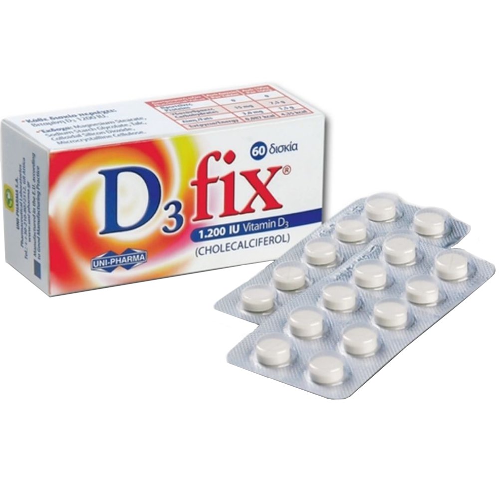 Uni-Pharma Uni-Pharma D3 Fix 1200iu Συμπλήρωμα Διατροφής Βιταμίνης D3 για τη Φυσιολογική Λειτουργία των Οστών, Δοντιών, Μυών & Ανοσοποιητικού 60tabs