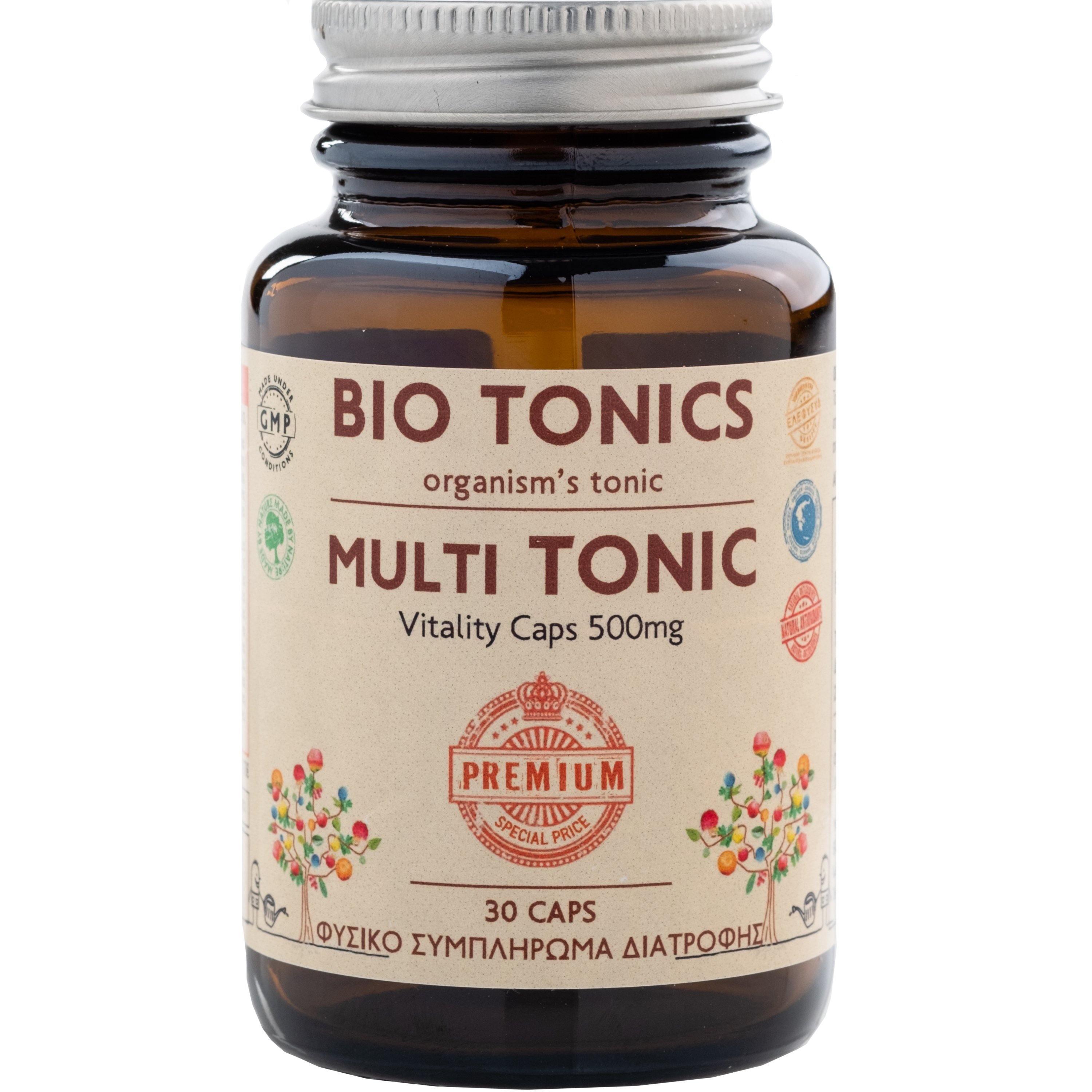 Bio Tonics Bio Tonics Premium Multi Tonic Vitality 500mg Συμπλήρωμα Διατροφής Πολυβιταμινών, Μετάλλων & Ιχνοστοιχείων για Θωρακισμένο Ανοσοποιητικό, Υγιές Δέρμα Μαλλιά & Νύχια, Γερά Οστά & Δόντια, Ενέργεια & Τόνωση 30veg.caps