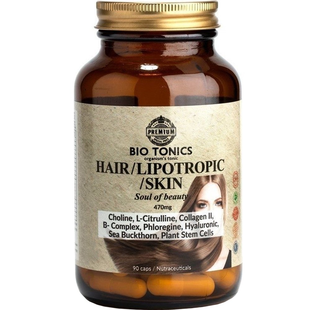 Bio Tonics Bio Tonics Hair-Lipotropic-Skin Συμπλήρωμα Διατροφής Λιποτροπικής Φόρμουλας με Βιταμίνες, Αμινοξέα, Κολλαγόνο, Υαλουρονικό Οξύ & Φυτικά Εκχυλίσματα για την Υγεία των Μαλλιών, Δέρματος & Διαχείριση Βάρους 90caps