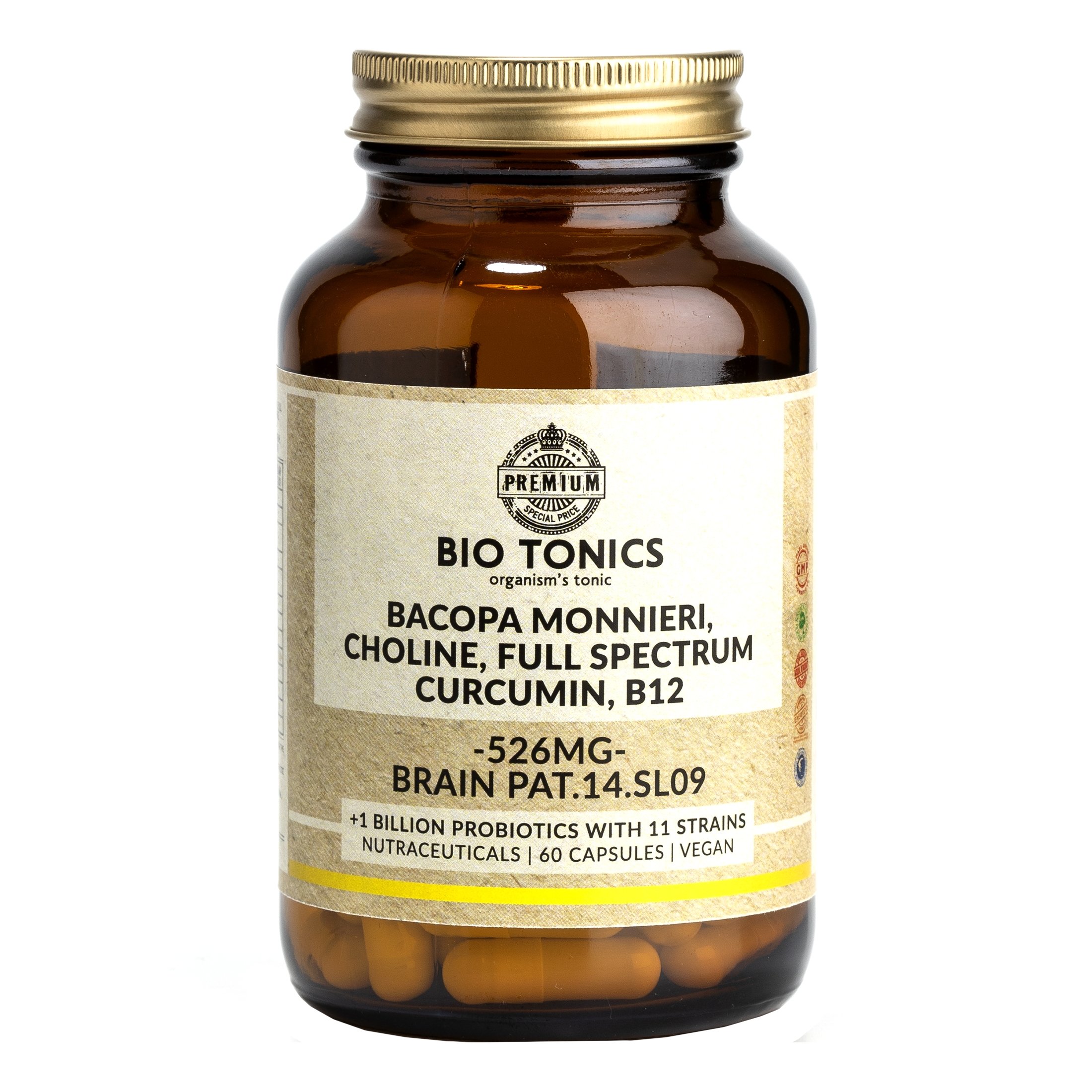 Bio Tonics Bio Tonics Bacopa Monnieri, Choline, Full Spectrum Curcumin, B12 Συμπλήρωμα Διατροφής Φυτικών Εκχυλισμάτων, Βιταμινών & Προβιοτικών για Ενίσχυση των Εγκεφαλικών Διεργασιών, Ισχυρή Μνήμη & Πνευματική Διαύγεια 60caps