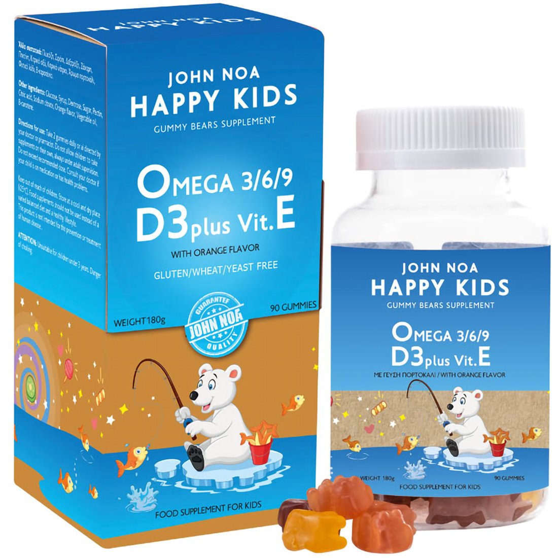 John Noa's Worts John Noa Happy Kids Omega 3/6/9 D3 Plus Vit. E Παιδικό Συμπλήρωμα Διατροφής με Ωμέγα 3 & Γεύση Πορτοκάλι 90 Gummies