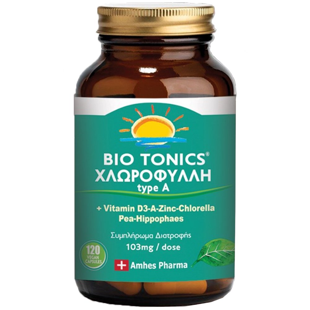 Bio Tonics Biotonics Chlorophyll Type A D3, Zn & Pea, Hippophaes 103mg Συμπλήρωμα Διατροφής Χλωροφύλλης με Βιταμίνη D3 Ψευδάργυρο & Ιπποφαές για Τόνωση του Ανοσοποιητικού 120veg.caps