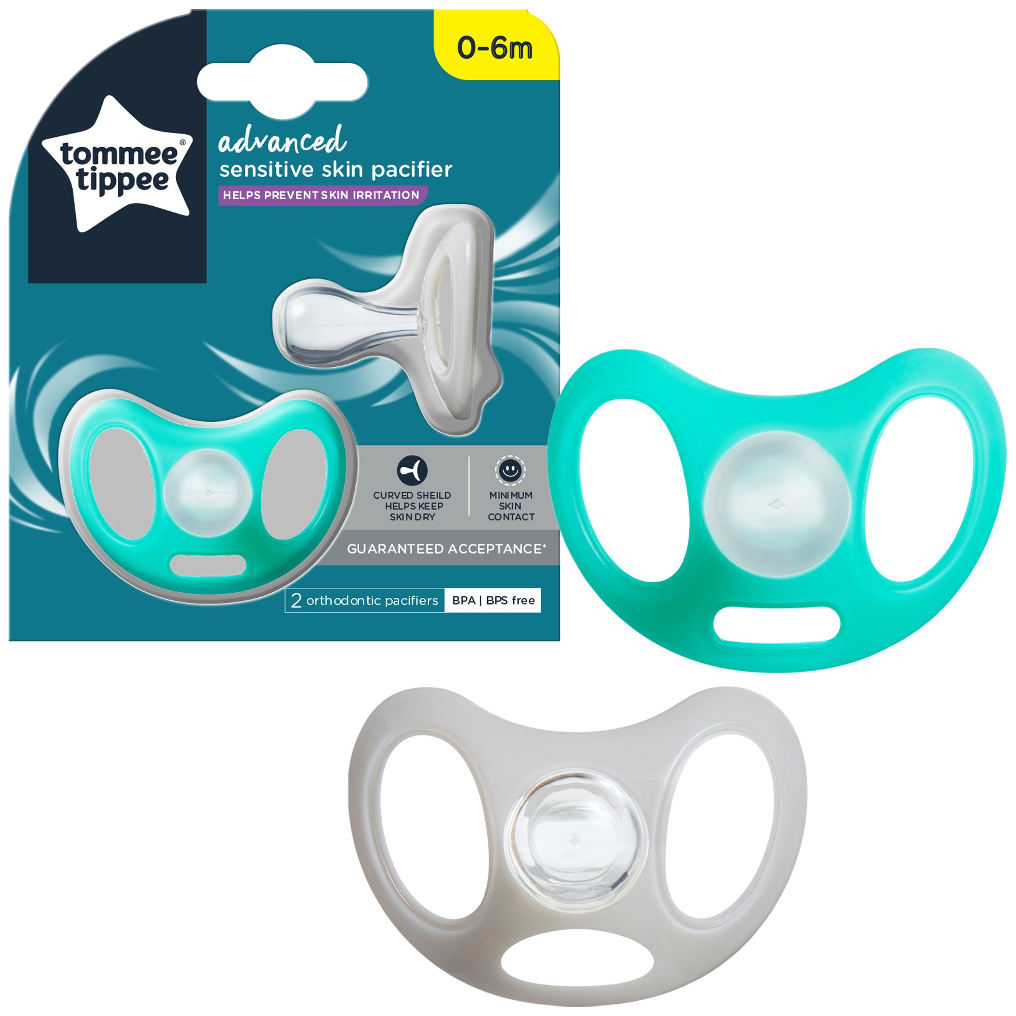 Tommee Tippee Tommee Tippee Advanced Sensitive Skin Pacifier Κωδ 43349303 Πιπίλες Σιλικόνης με Τέλεια Εφαρμογή, Κατά των Ερεθισμών 0-6m Σιέλ - Λευκό 2 Τεμάχια