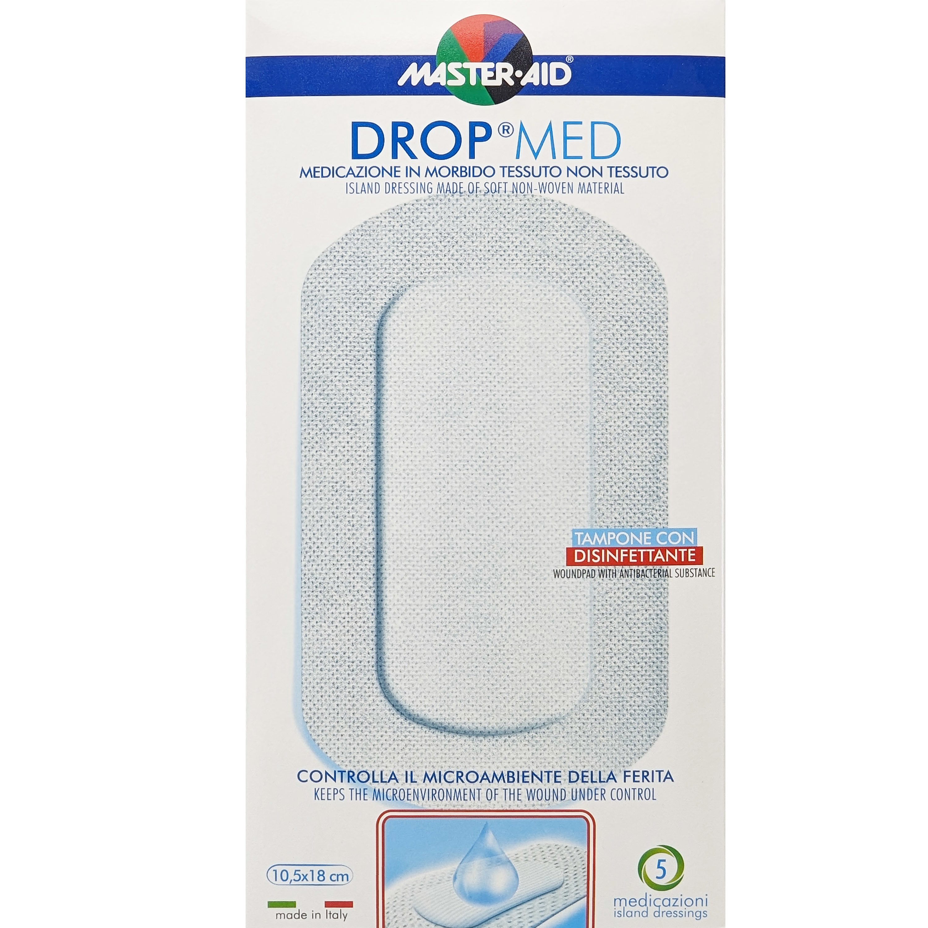 Master Aid Master Aid Drop Med Woundpad with Antibacterial Substance 10.5x18cm Αυτοκόλλητες, Αντικολλητικές Γάζες Εμποτισμένες με Απολυμαντικό 5 Τεμάχια