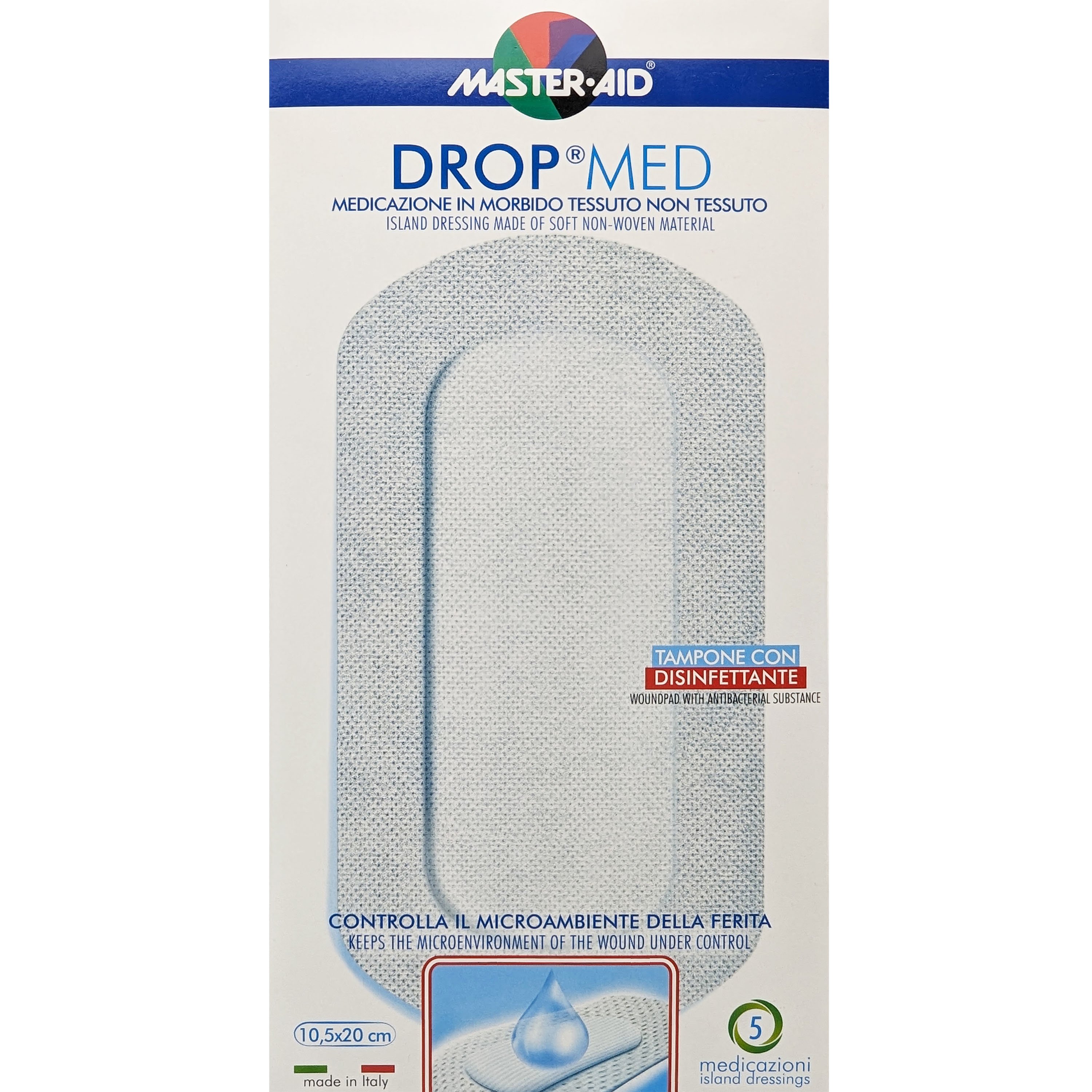 Master Aid Master Aid Drop Med Woundpad with Antibacterial Substance 10.5x20cm Αυτοκόλλητες, Αντικολλητικές Γάζες Εμποτισμένες με Απολυμαντικό 5 Τεμάχια