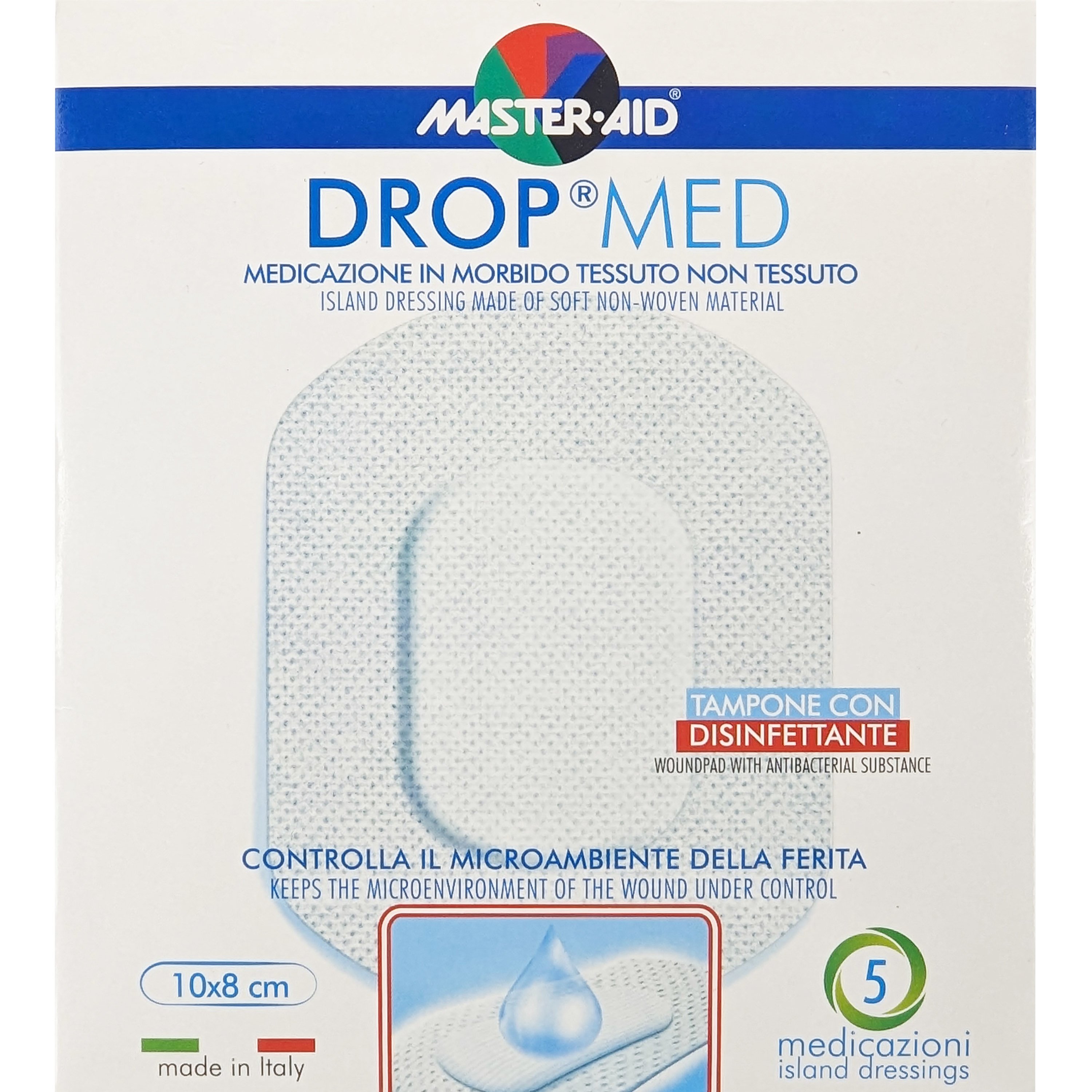 Master Aid Master Aid Drop Med Woundpad with Antibacterial Substance 10x8cm Αυτοκόλλητες, Αντικολλητικές Γάζες Εμποτισμένες με Απολυμαντικό 5 Τεμάχια