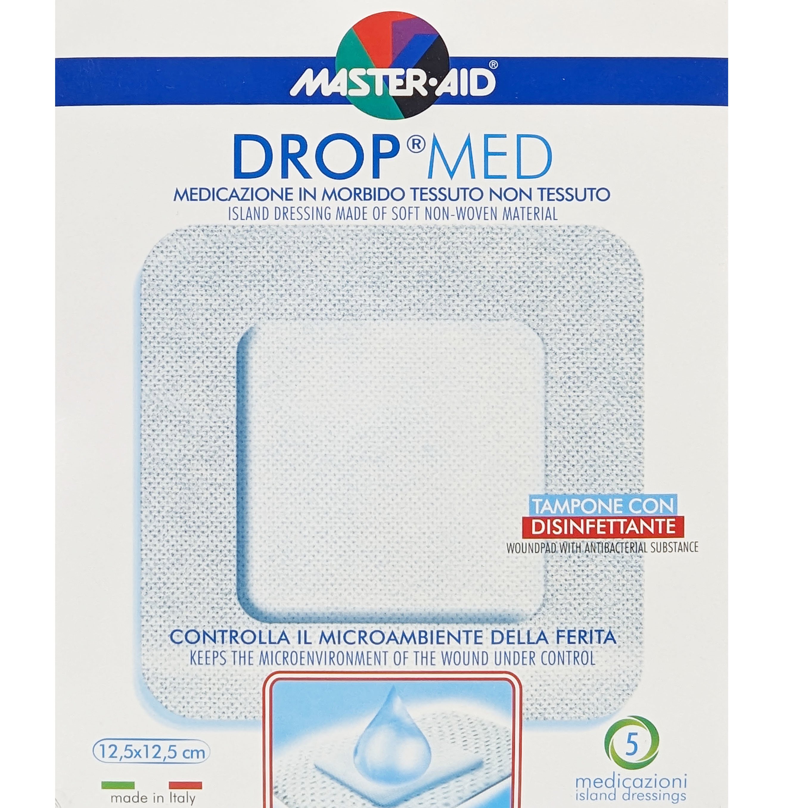 Master Aid Master Aid Drop Med Woundpad with Antibacterial Substance 12.5x12.5cm Αυτοκόλλητες, Αντικολλητικές Γάζες Εμποτισμένες με Απολυμαντικό 5 Τεμάχια