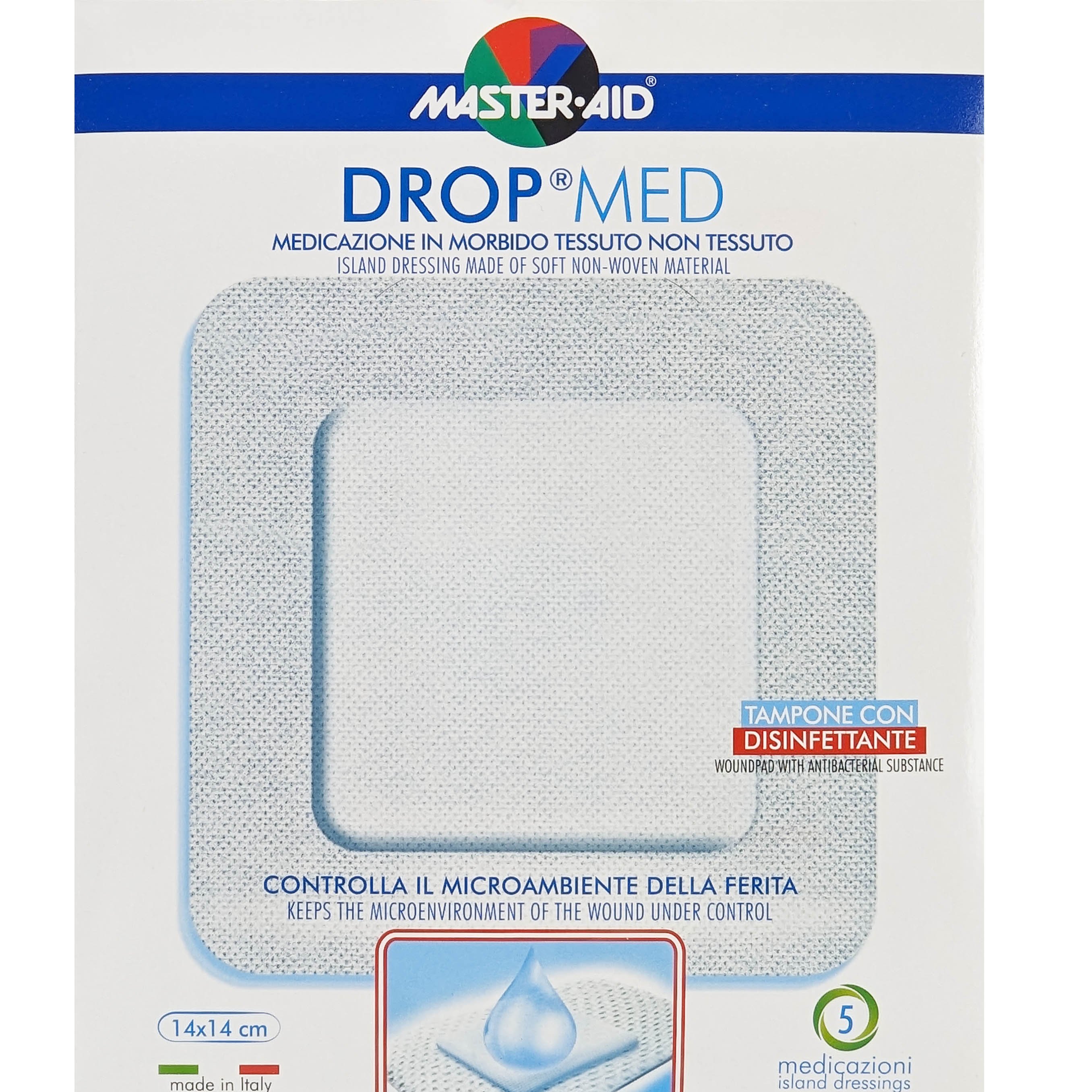 Master Aid Master Aid Drop Med Woundpad with Antibacterial Substance 14x14cm Αυτοκόλλητες, Αντικολλητικές Γάζες Εμποτισμένες με Απολυμαντικό 5 Τεμάχια