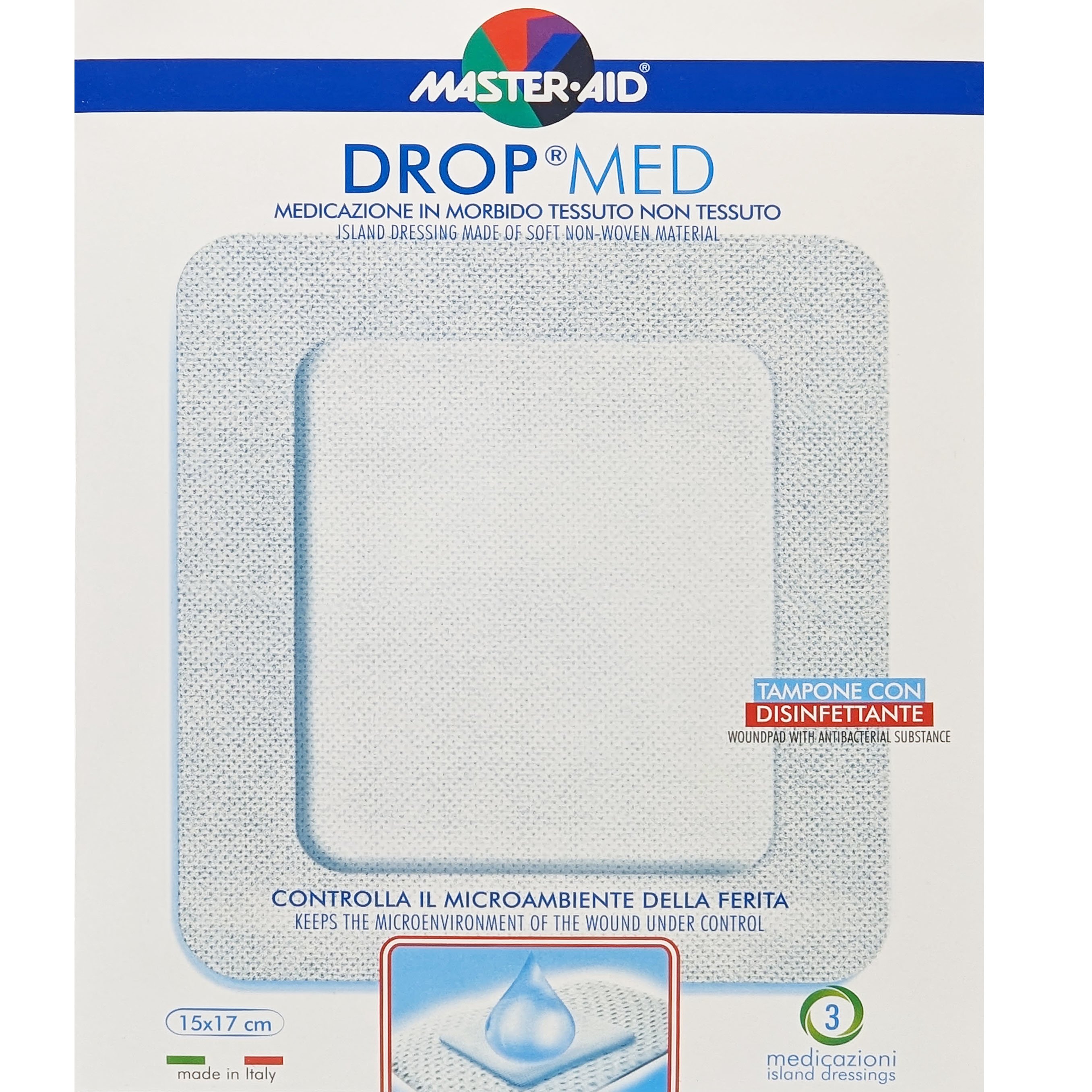 Master Aid Master Aid Drop Med Woundpad with Antibacterial Substance 15x17cm Αυτοκόλλητες, Αντικολλητικές Γάζες Εμποτισμένες με Απολυμαντικό 3 Τεμάχια