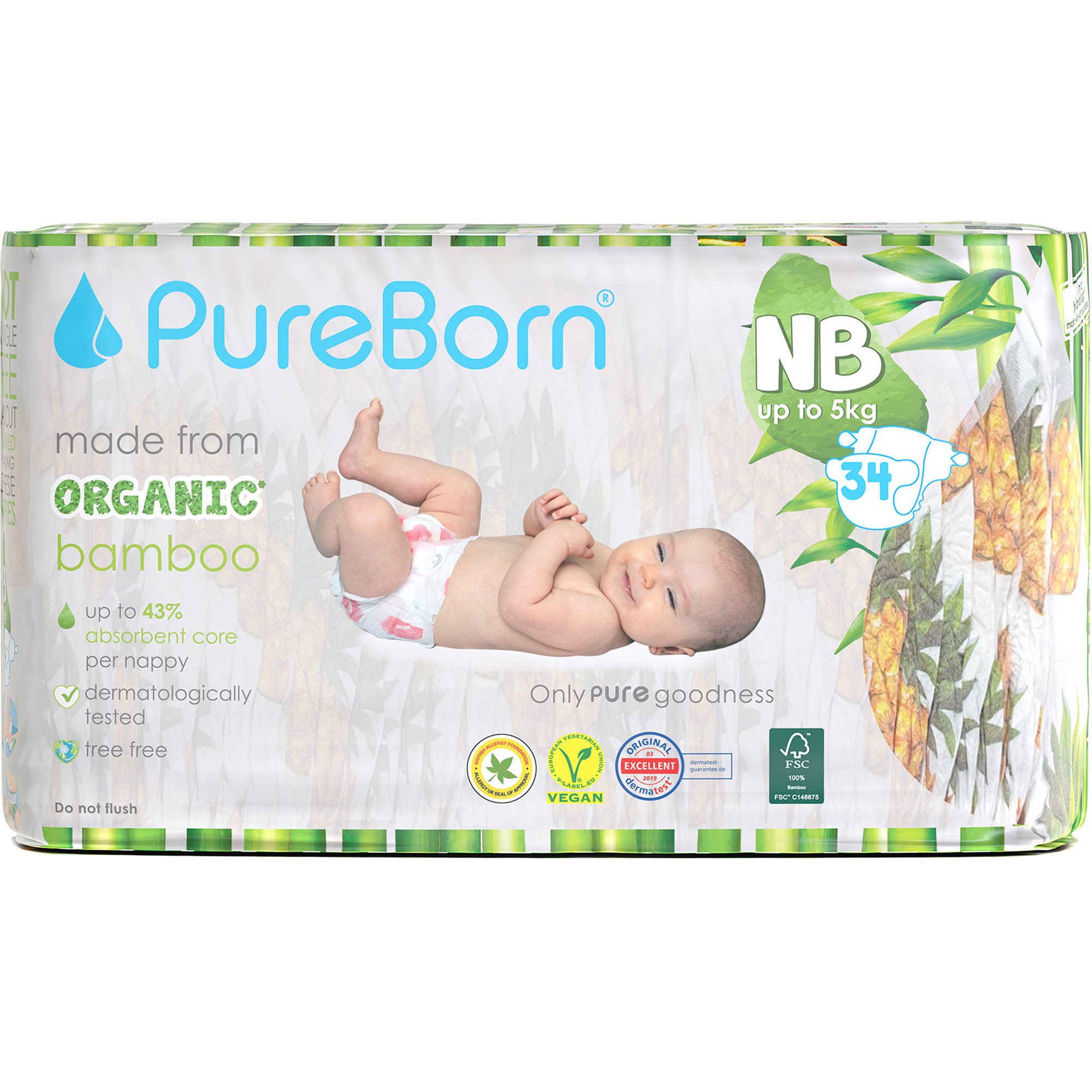 PureBorn Organic Bamboo Unisex Nappies New Born (up to 5 kg) Βρεφικές Πάνες από Βιολογικές Ίνες Μπαμπού με Ενισχυμένο Απορροφητικό Πυρήνα & Δείκτη Υγρασίας με Σχέδιο Ανανά 34 Τεμάχια - Pineapple