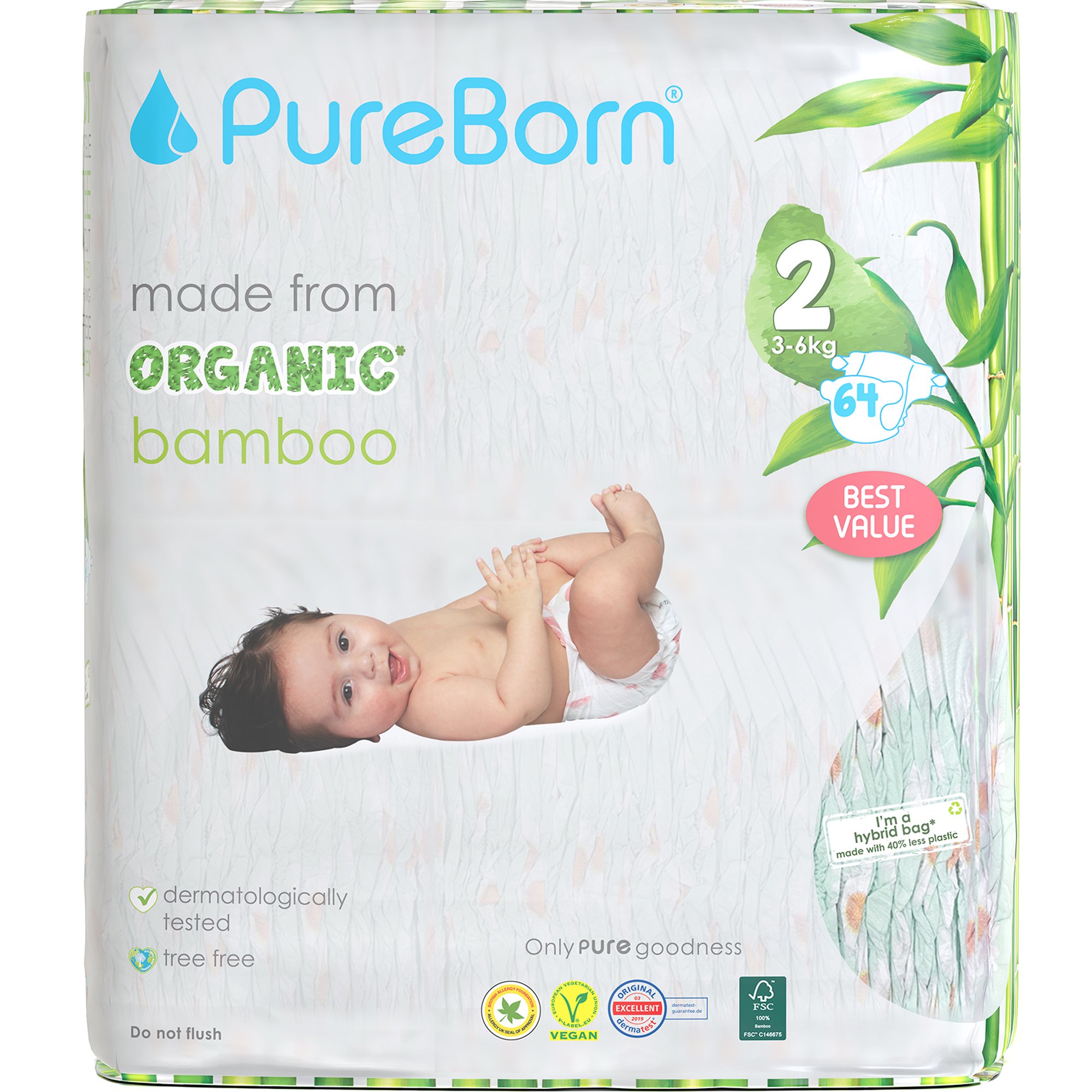 PureBorn Organic Bamboo Unisex Nappies No2 (3-6kg) Βρεφικές Πάνες από Βιολογικές Ίνες Μπαμπού με Ενισχυμένο Απορροφητικό Πυρήνα & Δείκτη Υγρασίας με Σχέδιο Μαργαρίτα 64 Τεμάχια - Daises