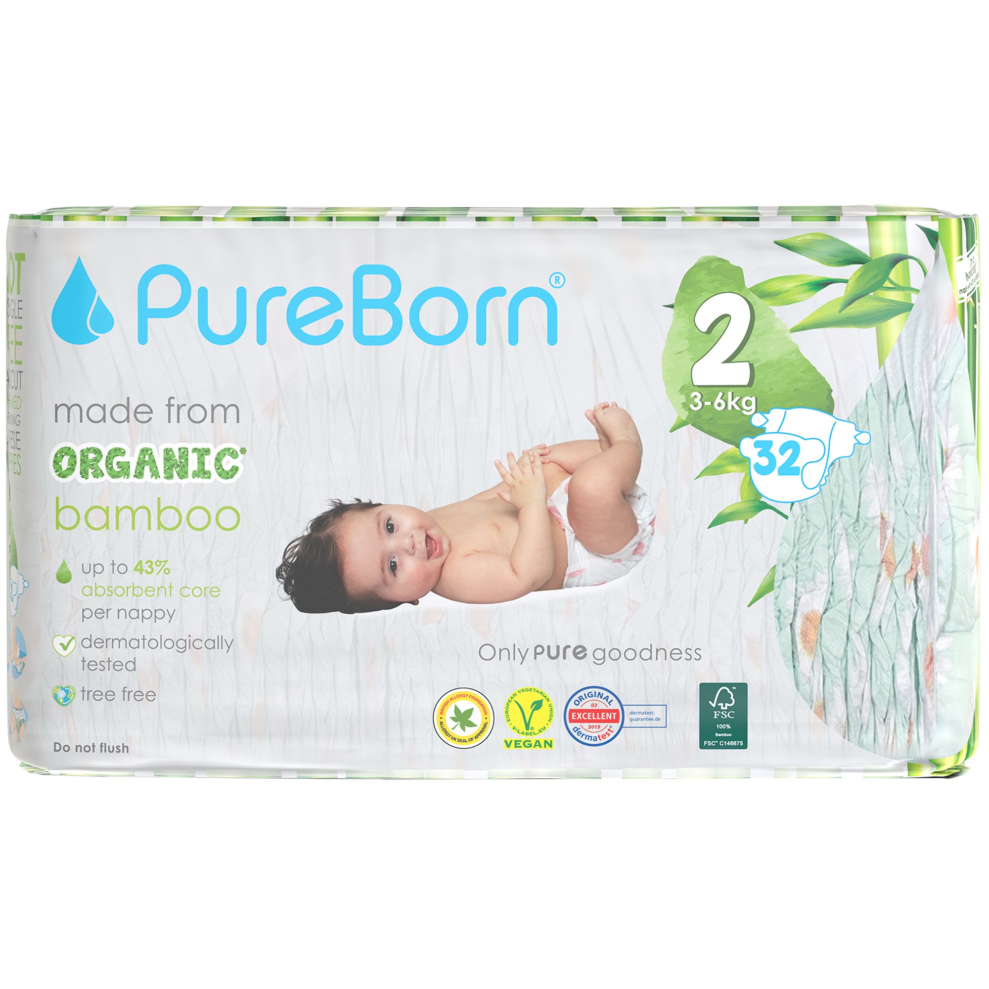 PureBorn Organic Bamboo Unisex Nappies No2 (3-6kg) Βρεφικές Πάνες από Βιολογικές Ίνες Μπαμπού με Ενισχυμένο Απορροφητικό Πυρήνα & Δείκτη Υγρασίας με Σχέδιο Μαργαρίτα 32 Τεμάχια - Daises