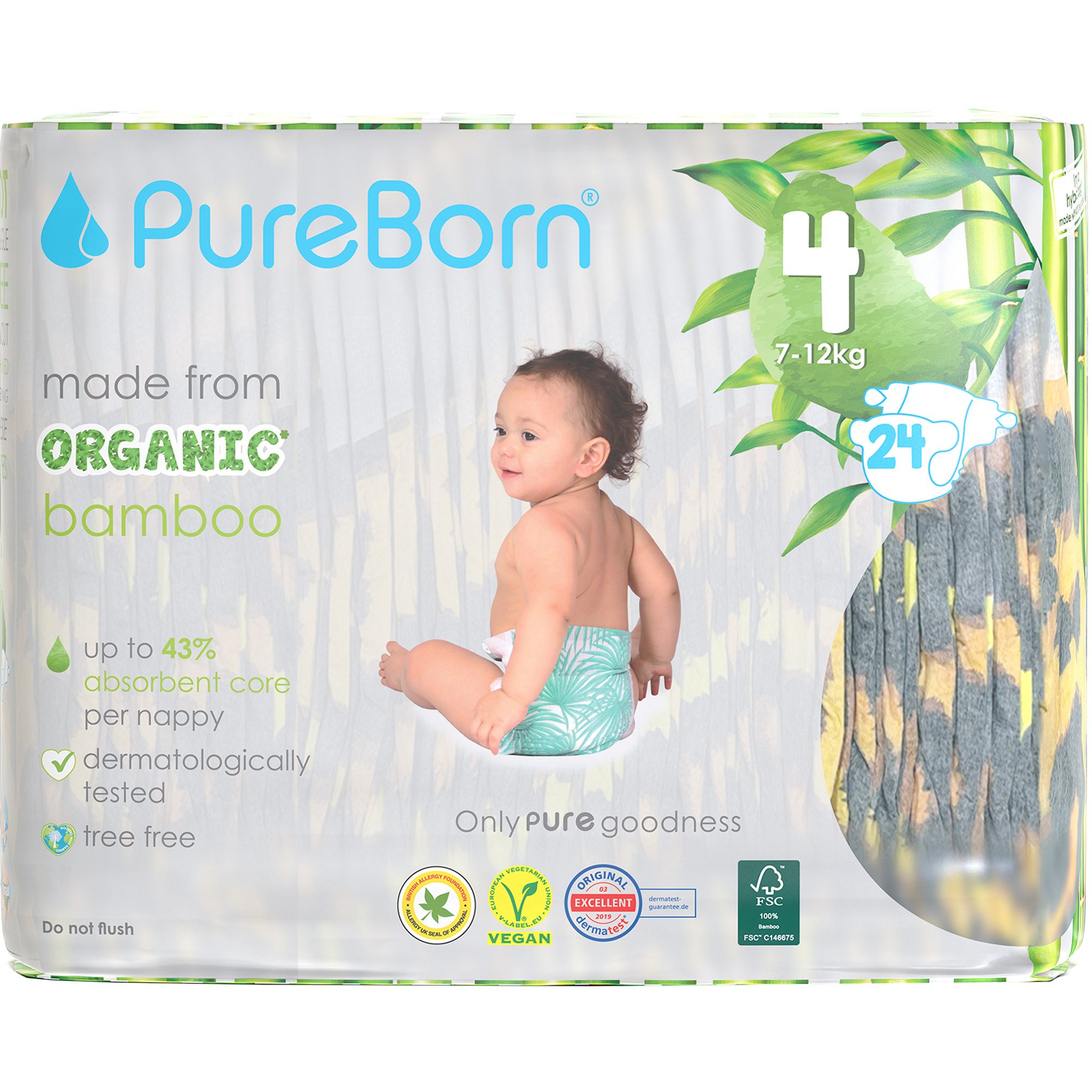 PureBorn Organic Bamboo Unisex Nappies No4 (7-12kg) Βρεφικές Πάνες από Βιολογικές Ίνες Μπαμπού με Ενισχυμένο Απορροφητικό Πυρήνα & Δείκτη Υγρασίας με Σχέδιο Μαργαρίτα 24 Τεμάχια - Leopard