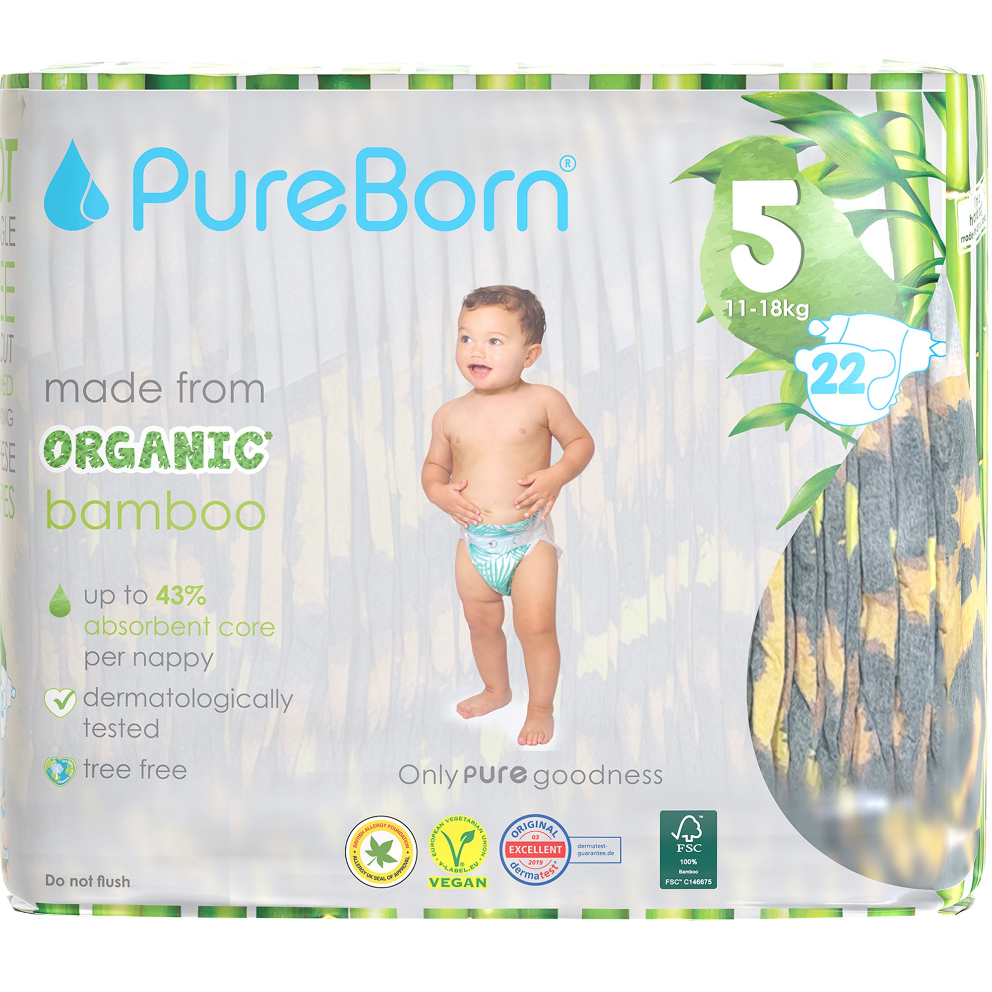 PureBorn Organic Bamboo Unisex Nappies No5 (11-18kg)Βρεφικές Πάνες από Βιολογικές Ίνες Μπαμπού με Ενισχυμένο Απορροφητικό Πυρήνα & Δείκτη Υγρασίας με Σχέδιο Λεοπάρδαλη 22 Τεμάχια - Leopard