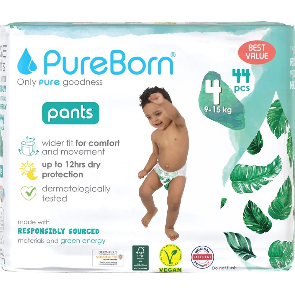 PureBorn Training Unisex Pants No4 (9-15kg) Πάνες Βρακάκι Ημέρας Υψηλής Απορροφητικότητας για Άνεση & Ευελιξία με Σχέδιο Φύλλων 44 Τεμάχια - Leaves