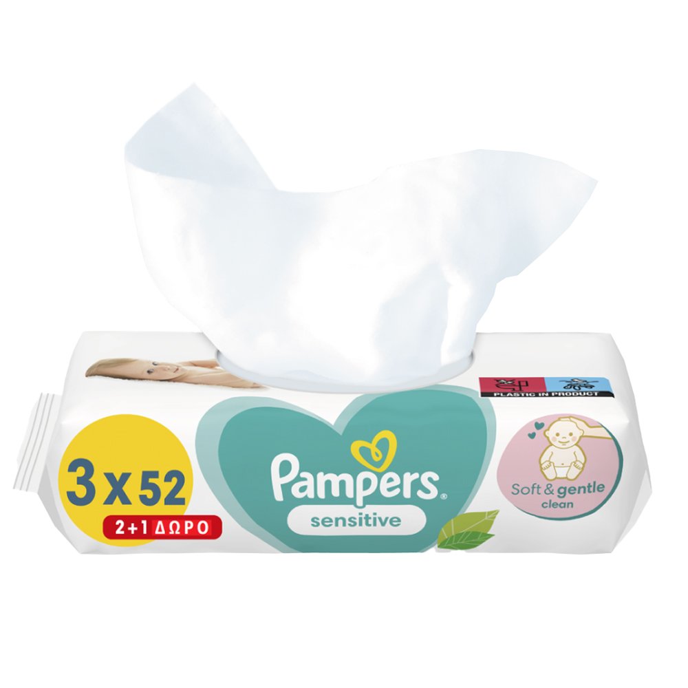 Pampers Pampers Sensitive Baby Wipes Μωρομάντηλα Ιδανικά για την Ευαίσθητη Επιδερμίδα 156 Τεμάχια (3x52 Τεμάχια)