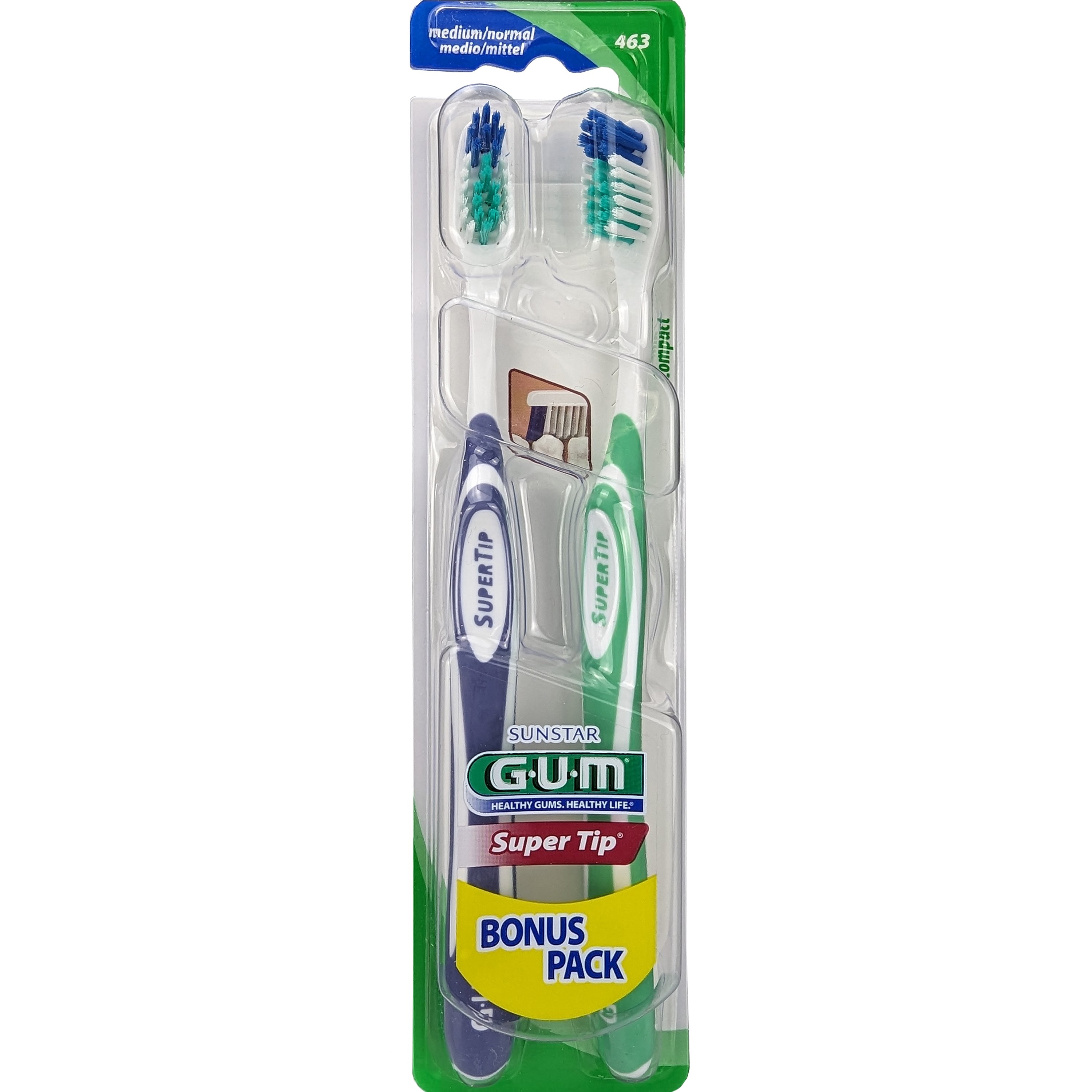 Gum Sunstar Super Tip Bonus Pack Medium Toothbrush Μωβ – Πράσινη Χειροκίνητη Οδοντόβουρτσα με Μέτριας Σκληρότητας Ίνες 2 Τεμάχια, Κωδ 463