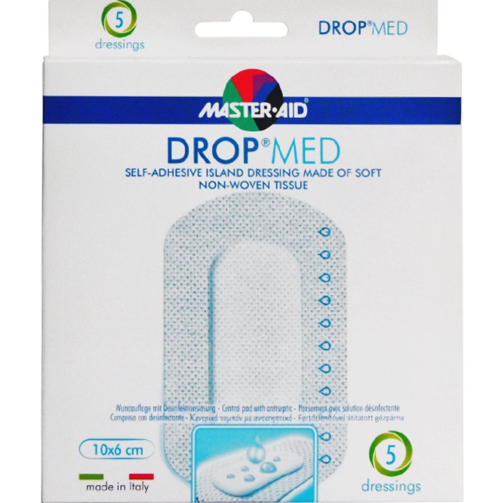 Master Aid Master Aid Drop Med Woundpad with Antibacterial Substance 10x6cm Αυτοκόλλητες, Αντικολλητικές Γάζες Εμποτισμένες με Απολυμαντικό 5 Τεμάχια