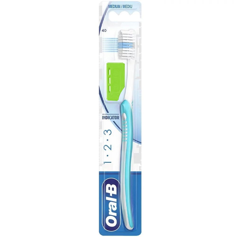 Oral-B 123 Indicator Medium Toothbrush 40mm Χειροκίνητη Οδοντόβουρτσα, Μέτρια 1 Τεμάχιο – Γαλάζιο / Λαχανί