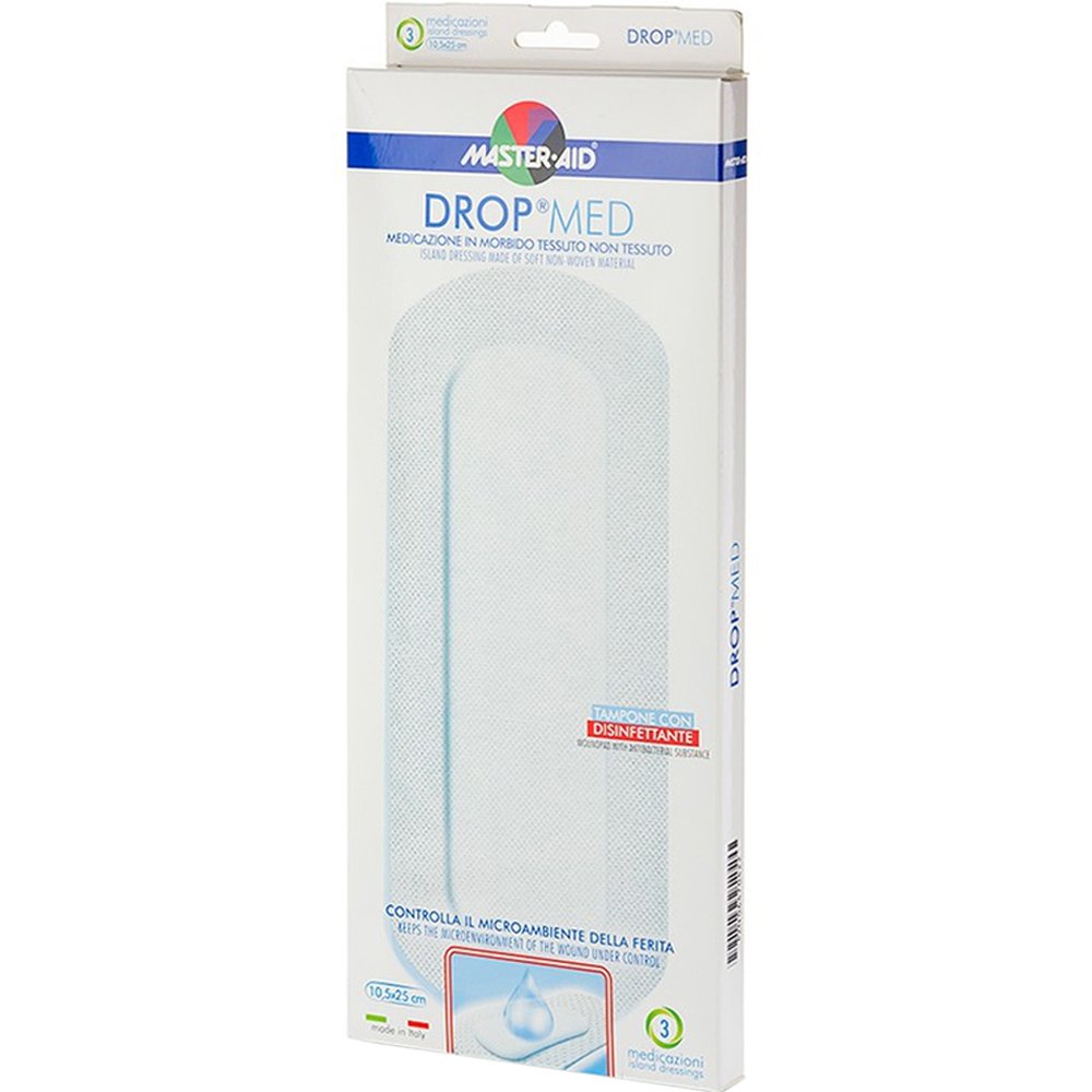 Master Aid Master Aid Drop Med Woundpad with Antibacterial Substance 10.5x25cm Αυτοκόλλητες, Αντικολλητικές Γάζες Εμποτισμένες με Απολυμαντικό 3 Τεμάχια