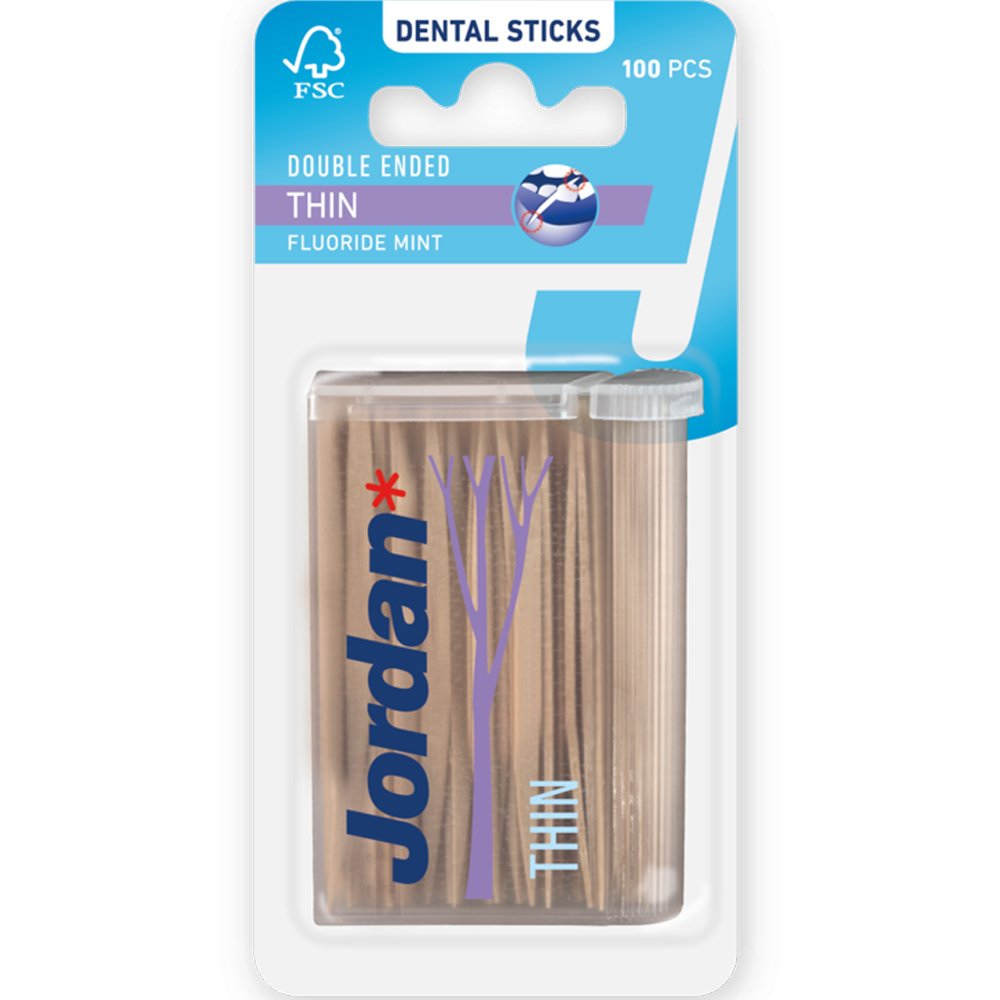 Jordan Thin Double Ended Dental Sticks Λεπτές Ξύλινες Οδοντογλυφίδες με Τριγωνικό Σχήμα για τον Καθαρισμό Μεσοδόντιων Διαστημάτων 100 Τεμάχια