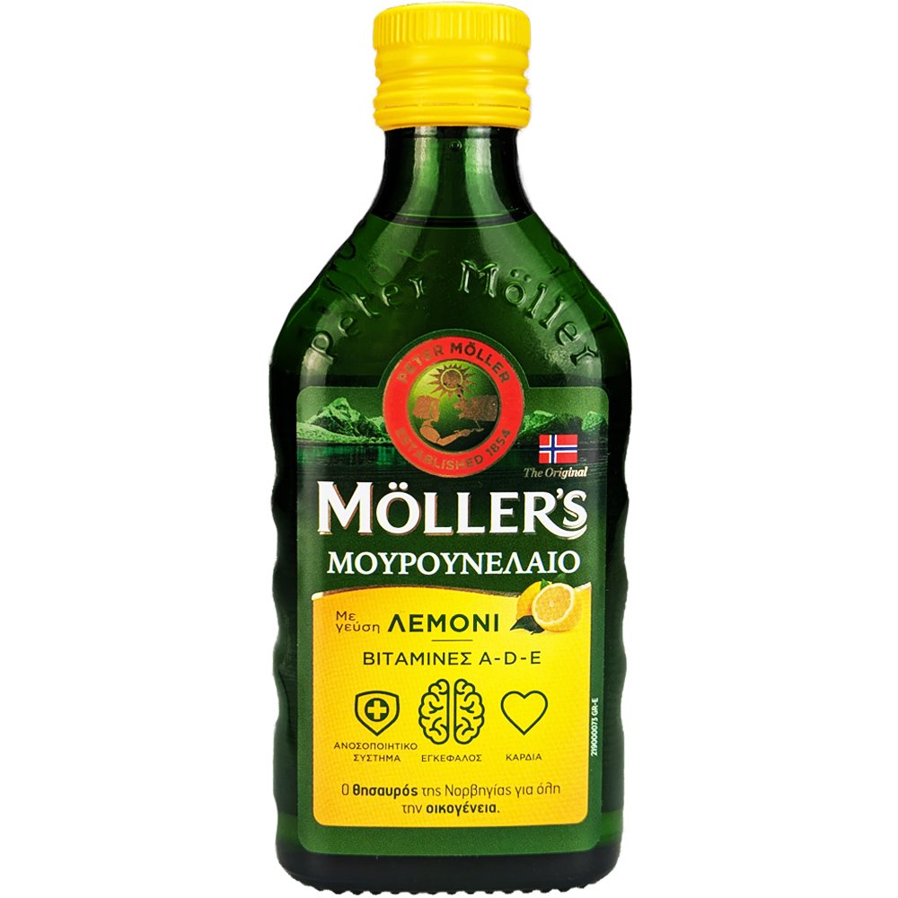 Moller's Cod Liver Oil Lemon Συμπλήρωμα Διατροφής Πόσιμου Μουρουνέλαιου Πλούσιο σε Ω3 με Βιταμίνες A, D & E με Γεύση Λεμόνι 250ml φωτογραφία