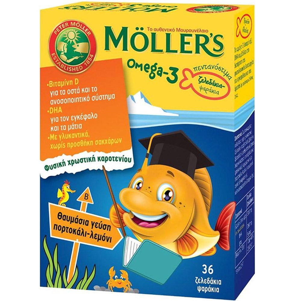 Moller's Moller’s Ω3 Kids Fish Orange-Lemon Συμπλήρωμα Διατροφής Ω3 για Παιδιά σε Ζελεδάκια Σχήματος Ψαριού με Γεύση Πορτοκάλι-Λεμόνι 36 Softgels