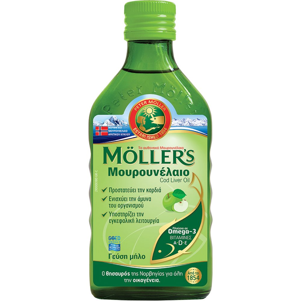 Moller's Moller's Cod Liver Oil Apple Συμπλήρωμα Διατροφής Πόσιμου Μουρουνέλαιου Πλούσιο σε Ω3 με Βιταμίνες A, D & E με Γεύση Μήλου 250ml