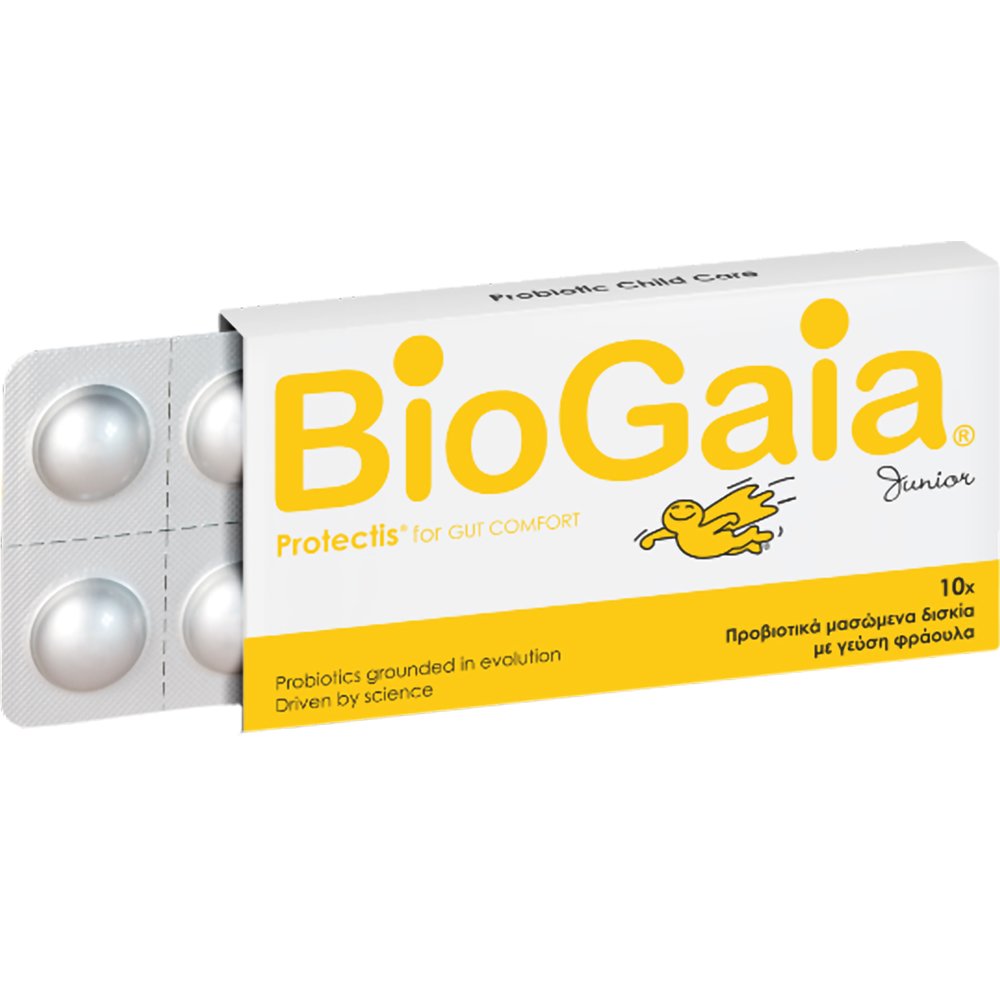 BioGaia BioGaia Protectis for Gut Comfort Junior Συμπλήρωμα Διατροφής Προβιοτικών για Παιδιά για την Αντιμετώπιση Διάρροιας, Δυσκοιλιότητας & Κοιλιακού Άλγους Κατάλληλο για Παράλληλη Χρήση με Αντιβιοτικά με Γεύση Φράουλα 10 Chew.tabs - Strawberry