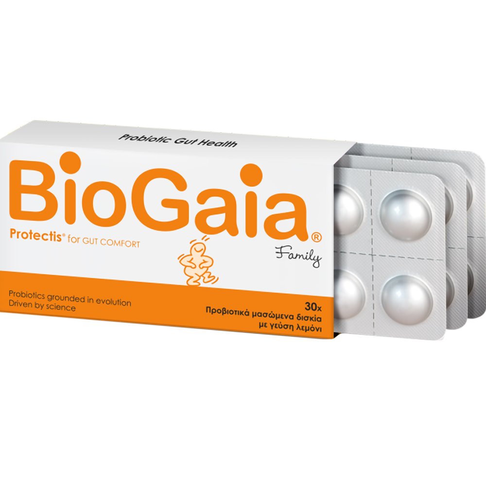 BioGaia BioGaia Protectis for Gut Comfort Family Συμπλήρωμα Διατροφής Προβιοτικών για την Αντιμετώπιση Διάρροιας, Δυσκοιλιότητας & Κοιλιακού Άλγους με Γεύση Λεμόνι 30 Chew.tabs - Lemon