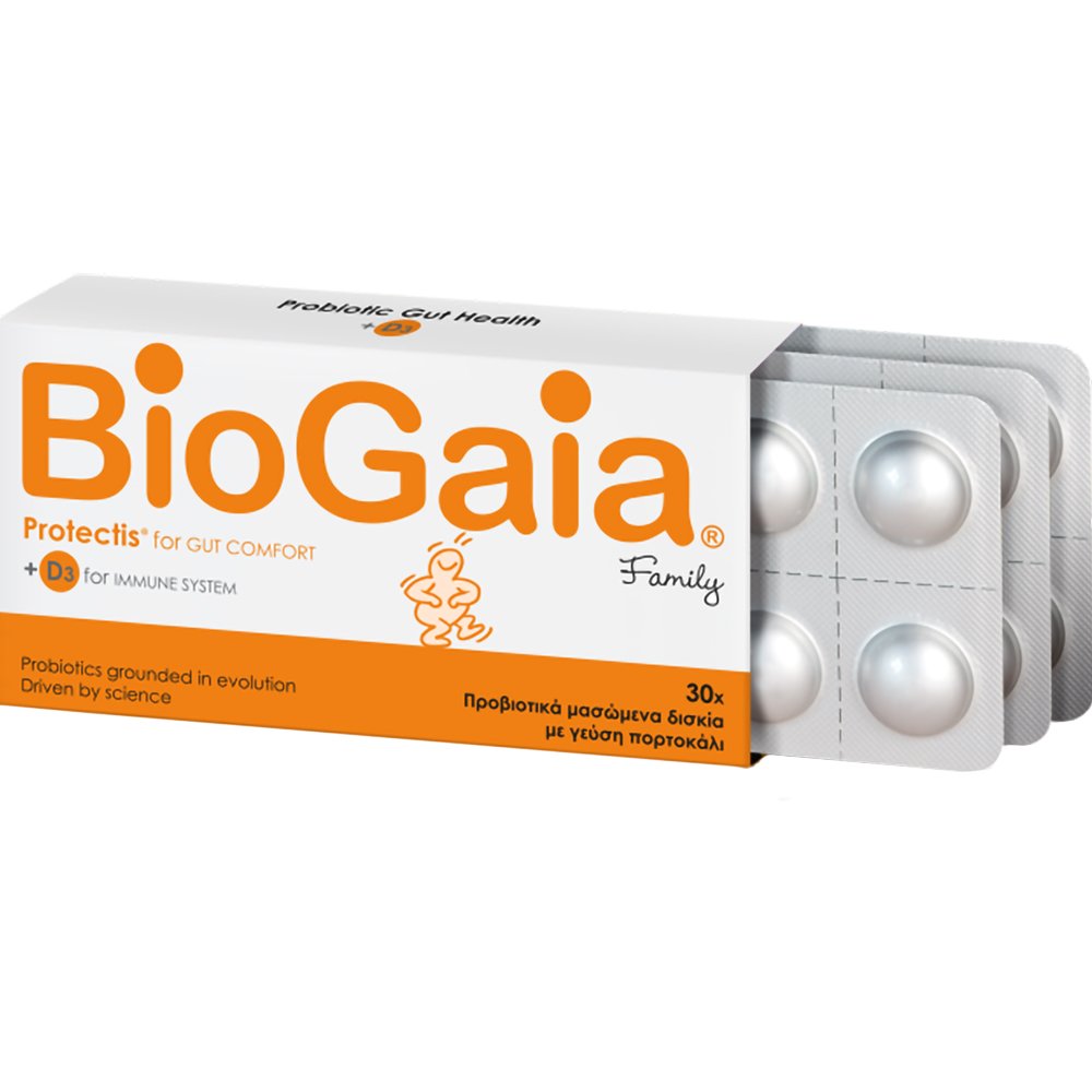 BioGaia BioGaia Protectis for Gut Comfort + Vitamin D3 for Immune Family Συμπλήρωμα Διατροφής Προβιοτικών & Βιταμίνης D3 για την Αντιμετώπιση Διάρροιας, Δυσκοιλιότητας & Κοιλιακού Άλγους για Υγιές Ανοσοποιητικό με Γερά Οστά & Δόντια με Γεύση Πορτοκάλι 30 Che