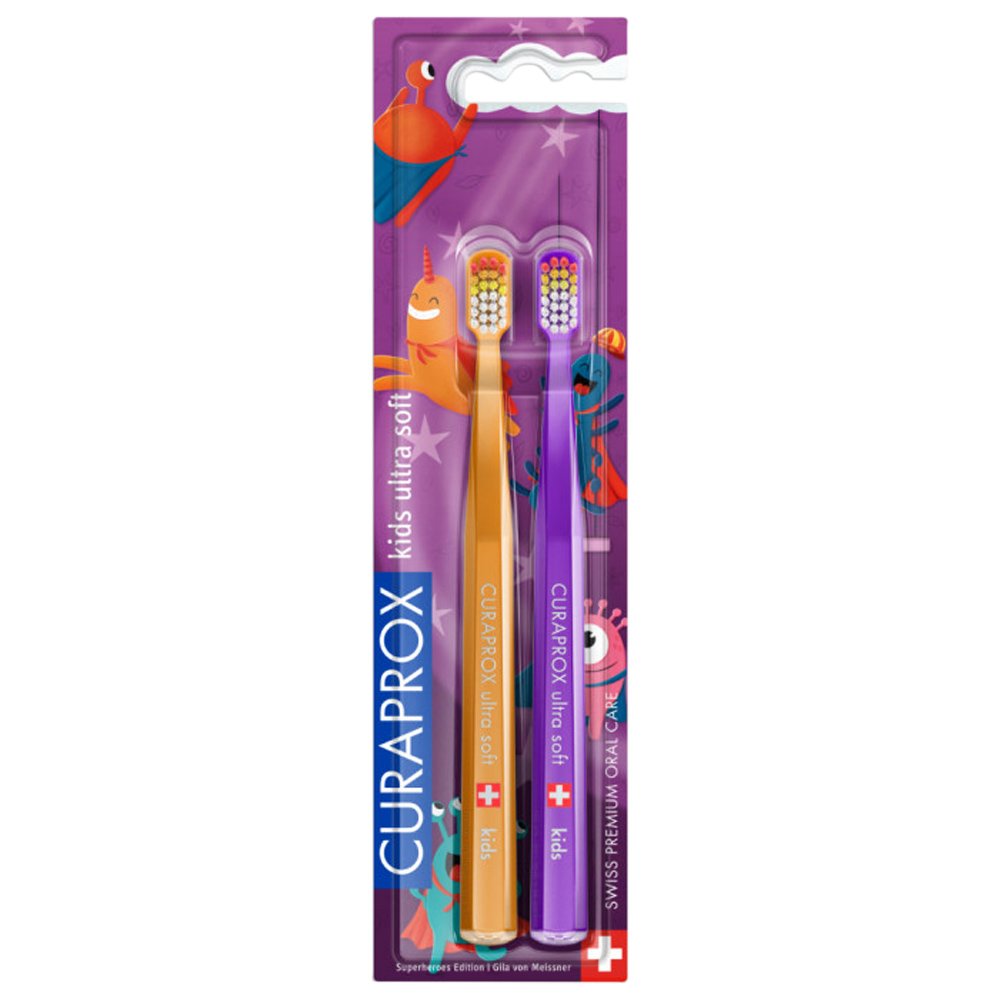 Curaprox Kids Ultra Soft Toothbrush Orange& Purple Εξαιρετικά Μαλακές Παιδικές Οδοντόβουρτσες για 4 έως 12 ετών με Καπάκι Προστασίας 2 Τεμάχια