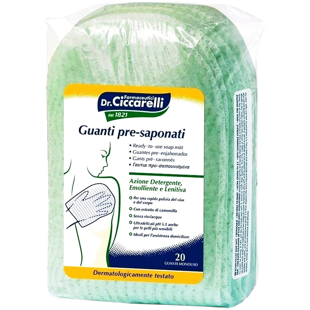 Dottor Ciccarelli Dr Ciccarelli Ready-to-Use Soap Mitt Γάντια Προ-Σαπουνισμένα Μιας Χρήσης για Καθαρισμό Προσώπου & Σώματος, Χωρίς Ξέβγαλμα 20 Τεμάχια