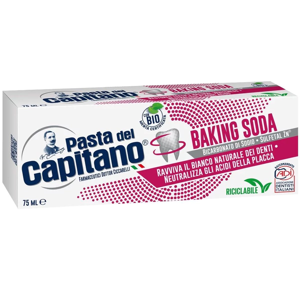 Health-Plus Pasta del Capitano Baking Soda Toothpaste Οδοντόκρεμα με Μαγειρική Σόδα για Φυσική Λεύκανση των Δοντιών με Αντιβακτηριακούς Παράγοντες 75ml