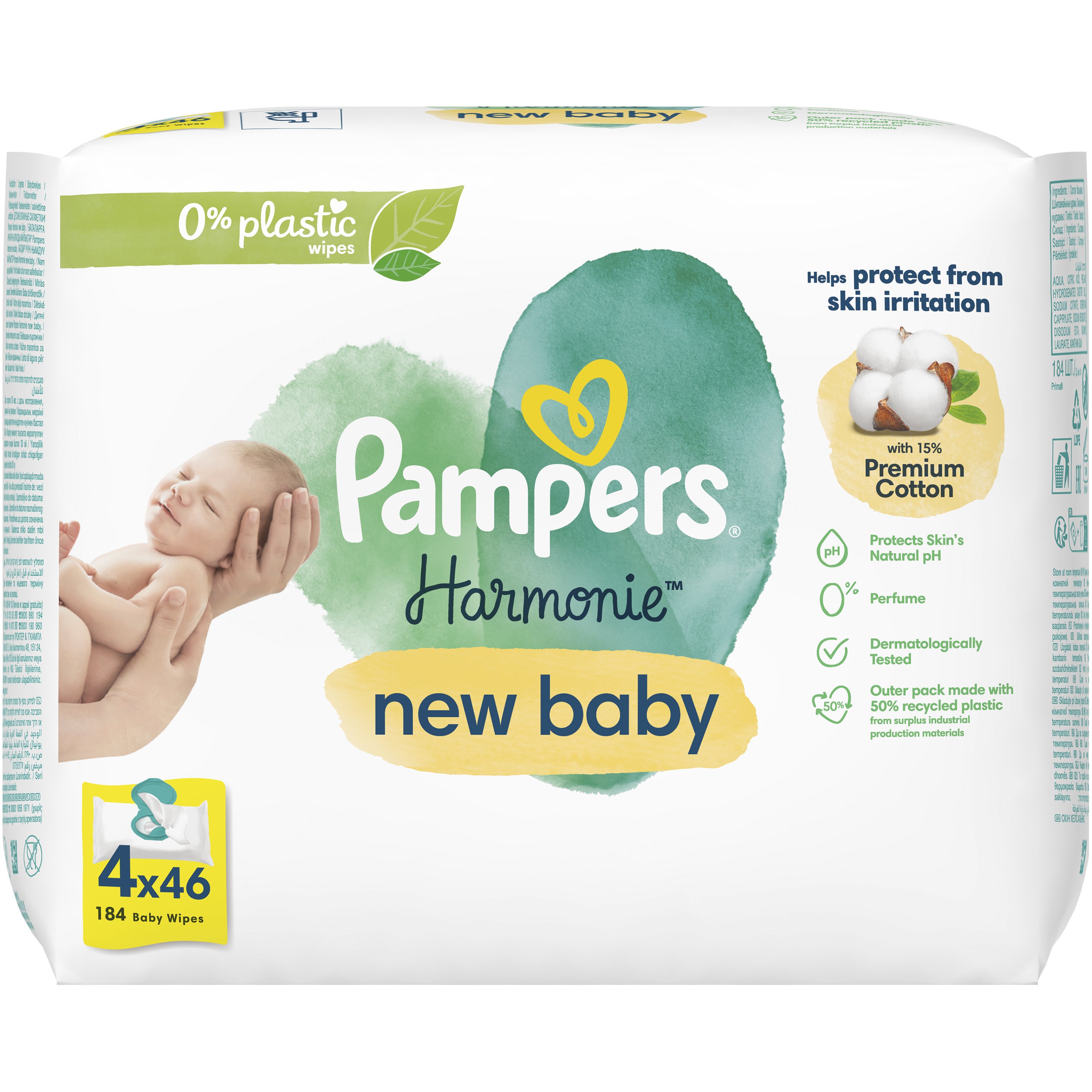 Pampers Pampers Harmonie New Baby Wipes Απαλά Υγρά Μαντηλάκια Κατά των Ερεθισμών με Βαμβάκι για Νεογέννητα με Καπάκι 184 Τεμάχια (4x46 Τεμάχια)