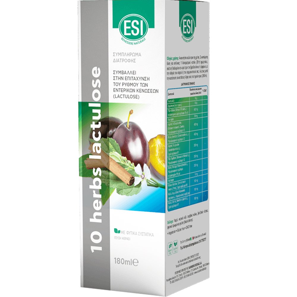 ESI Esi 10 Herbs Lactulose Συμπλήρωμα Διατροφής Λακτουλόζης & Εκχυλίσματος Βοτάνων, Φρούτων & Μπαχαρικών που Συμβάλει στην Επιτάχυνση του Ρυθμού των Κενώσεων & στην Ομαλότερη Εντερική Διέλευση με Γεύση Κεράσι 180ml