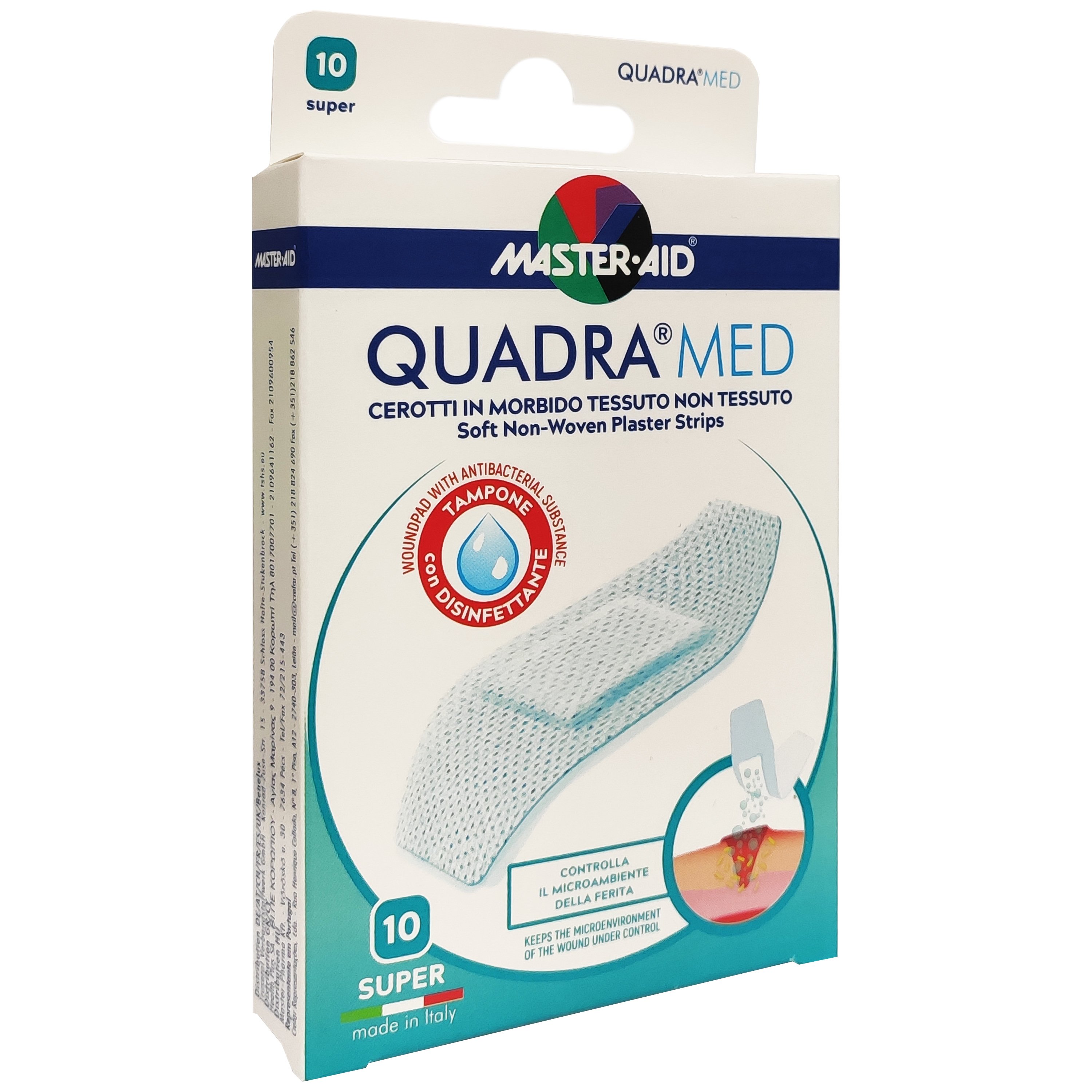 Master Aid Master Aid Quadra Med Super 86mm x 39mm Αυτοκόλλητα Αεριζόμενα Επιθέματα Ιδανικός για Μικροτραυματισμούς 10 Τεμάχια