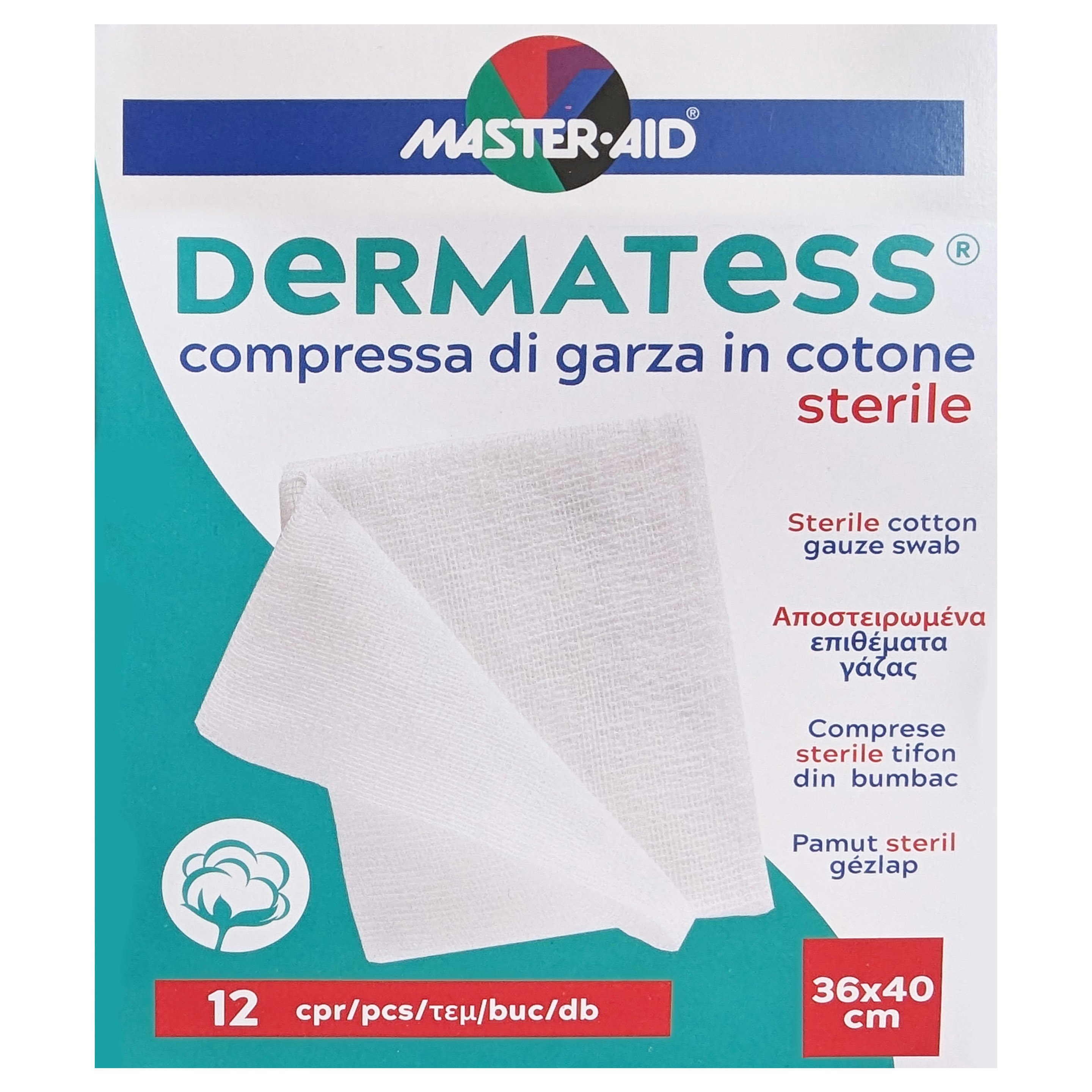 Master Aid Master Aid Dermatess Sterile Cooton Gauze Swab Αποστειρωμένη Γάζα με Υδρόφιλο Βαμβάκι 36x40cm 12 Τεμάχια