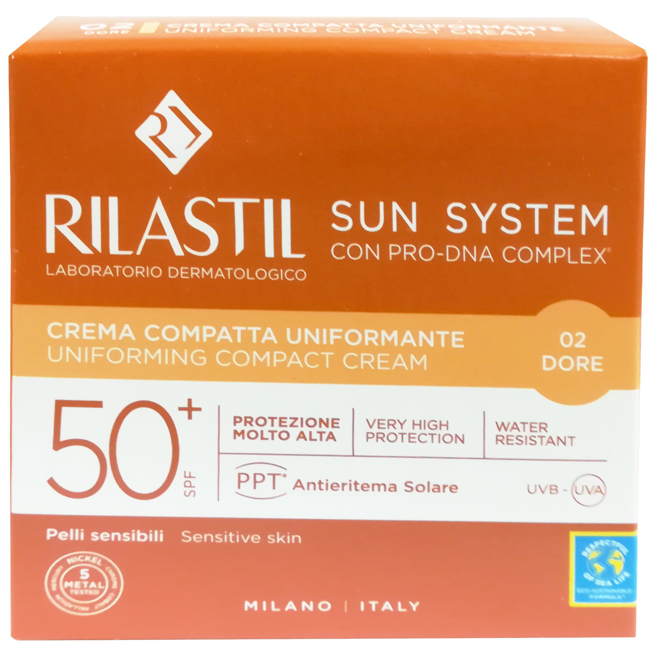 Rilastil Rilastil Sun System Uniforming Compact Cream Spf50+, Αντηλιακή Κρέμα Προσώπου Πολύ Υψηλής Προστασίας με Χρώμα για Ομοιόμορφη Κάλυψη 10g - 02 Dore