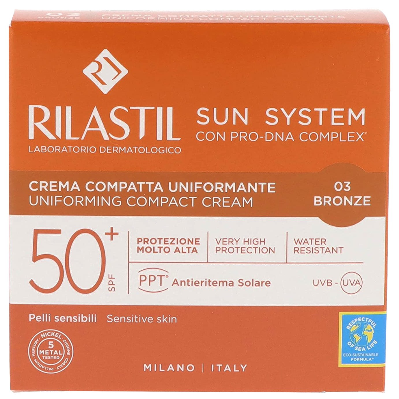 Rilastil Rilastil Sun System Uniforming Compact Cream Spf50+, Αντηλιακή Κρέμα Προσώπου Πολύ Υψηλής Προστασίας με Χρώμα για Ομοιόμορφη Κάλυψη 10g - 03 Bronze