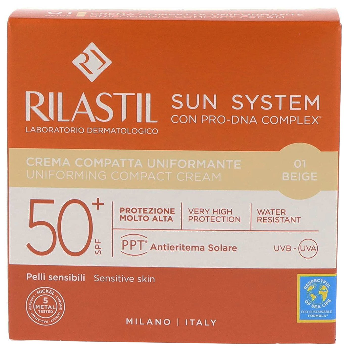 Rilastil Rilastil Sun System Uniforming Compact Cream Spf50+, Αντηλιακή Κρέμα Προσώπου Πολύ Υψηλής Προστασίας με Χρώμα για Ομοιόμορφη Κάλυψη 10g - 01 Beige