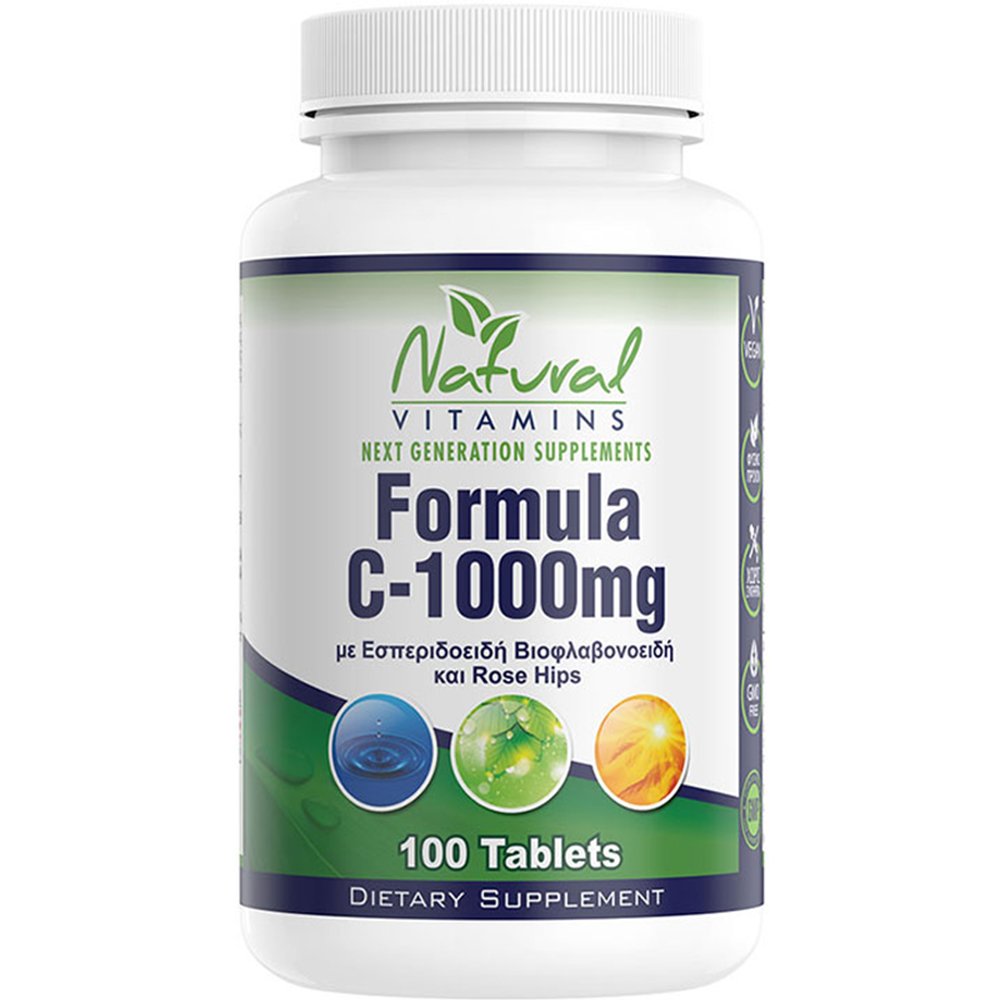 Natural Vitamins Natural Vitamins Formula C-1000mg Συμπλήρωμα Διατροφής Ολοκληρωμένης Φόρμουλας Βιταμίνης C με Βιοφλαβονοειδή, Αγριοτριανταφυλλιά & Ασερόλα για Ενίσχυση του Ανοσοποιητικού 100tabs