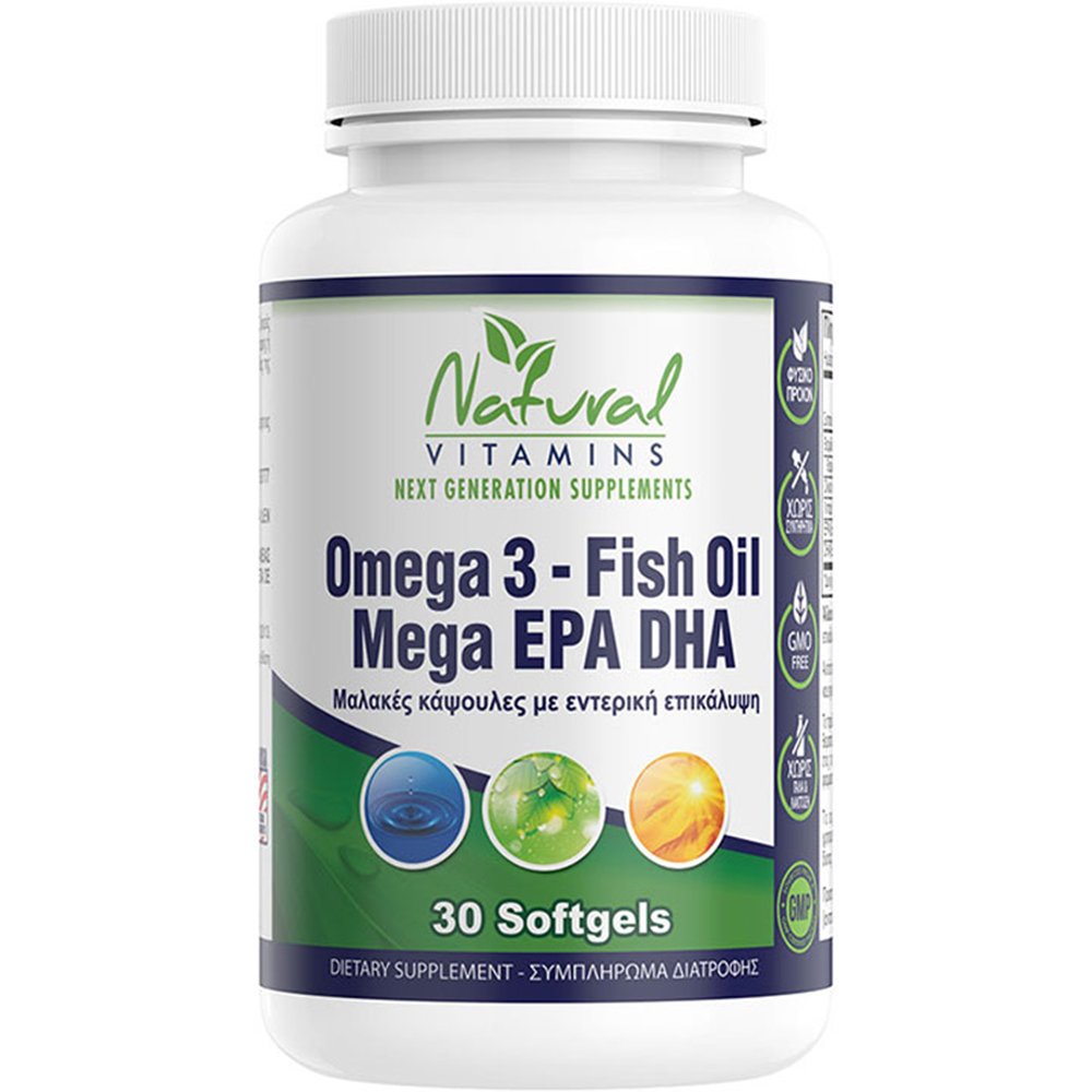 Natural Vitamins Natural Vitamins Omega 3 - Fish Oil Mega EPA DHA Συμπλήρωμα Διατροφής Ιχθυελαίου Πλούσιο σε Ωμέγα 3 Λιπαρά Οξέα για την Υποστήριξη της Καλής Λειτουργίας του Εγκεφάλου, της Όρασης & της Καρδιάς Χωρίς Επίγευση Ψαριού 30 Softgels