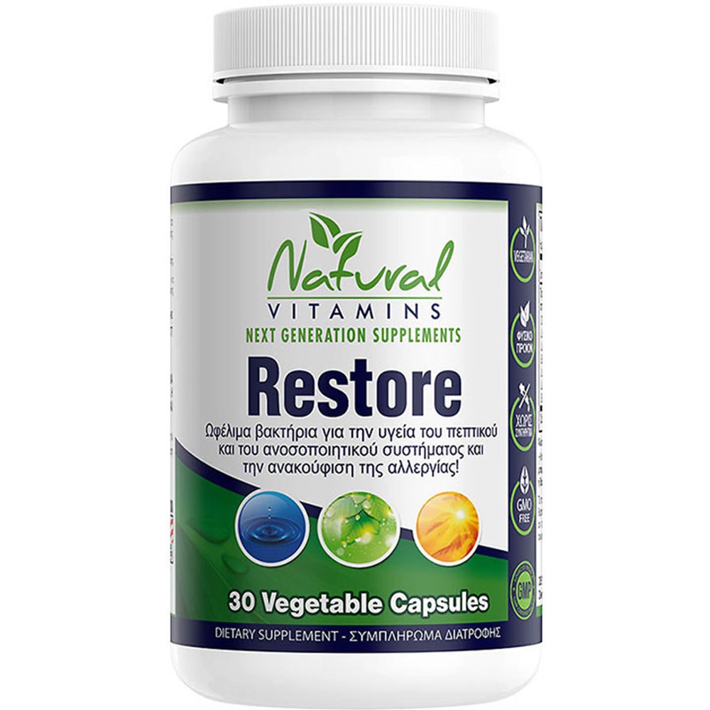 Natural Vitamins Natural Vitamins Restore Συμπλήρωμα Διατροφής Συμπλέγματος Προβιοτικών για Αντιμετώπιση Γαστροπεπτικών Διαταραχών & Ενίσχυση της Εντερικής Χλωρίδας 30veg.caps