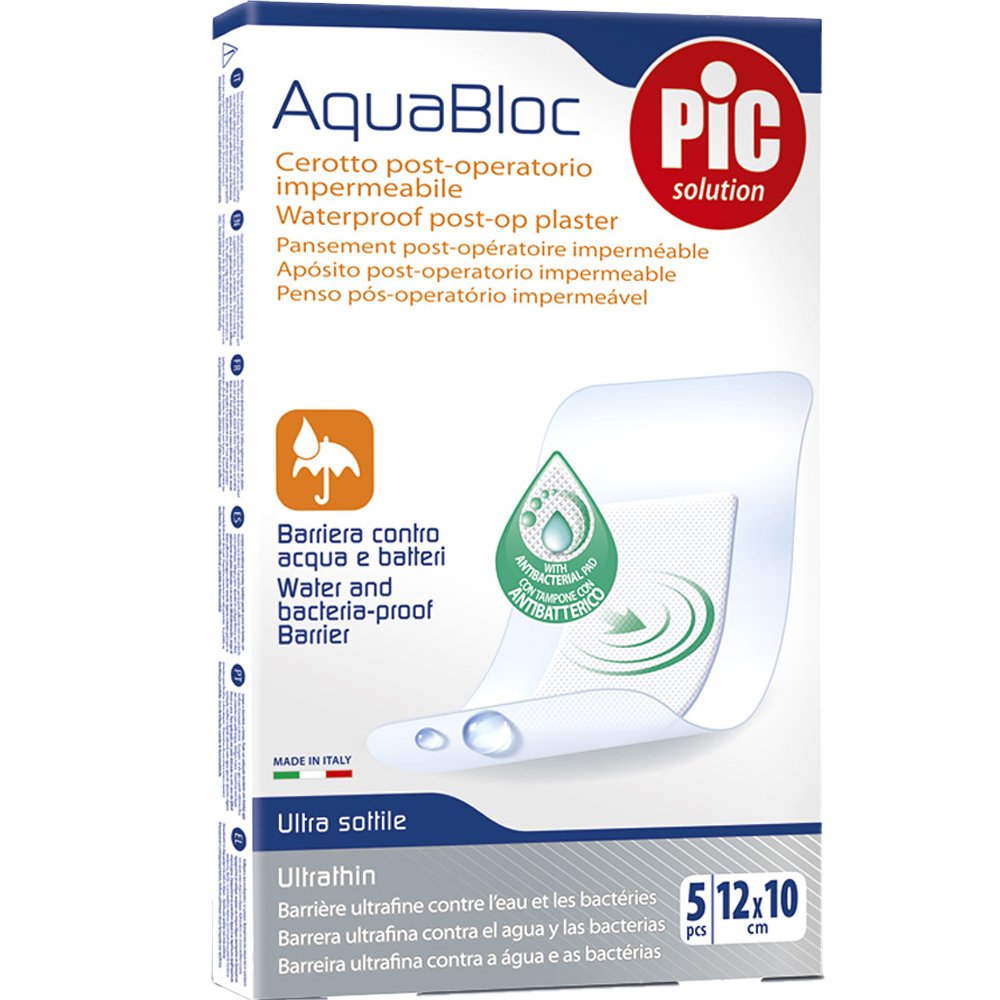 Pic Pic Solution Aquabloc Waterproof Post-Op Plaster Αδιάβροχο Αυτοκόλλητο Μετεγχειρητικό Επίθεμα με Ειδικό Αντιβακτηριακό Μαξιλαράκι 5 Τεμάχια - 12cm x 10cm