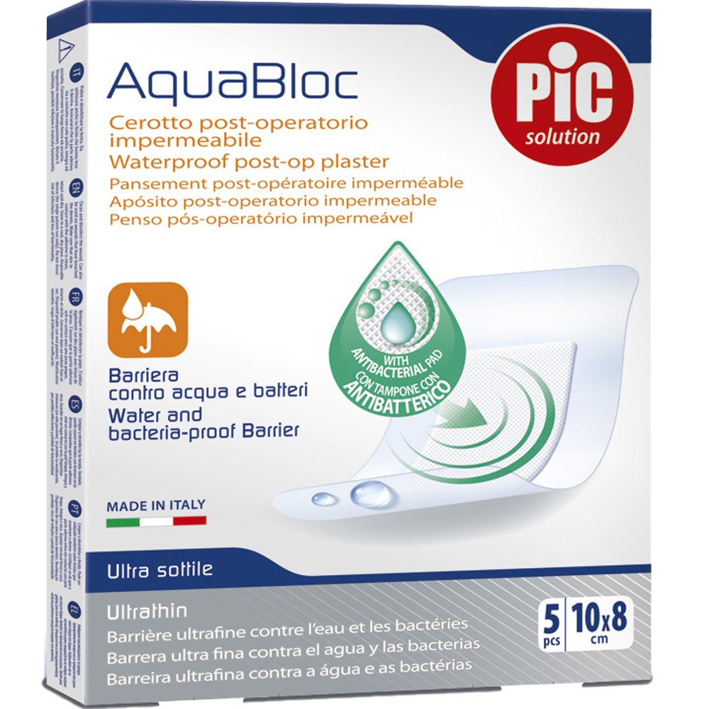 Pic Pic Solution Aquabloc Waterproof Post-Op Plaster Αδιάβροχο Αυτοκόλλητο Μετεγχειρητικό Επίθεμα με Ειδικό Αντιβακτηριακό Μαξιλαράκι 5 Τεμάχια - 10cm x 8cm