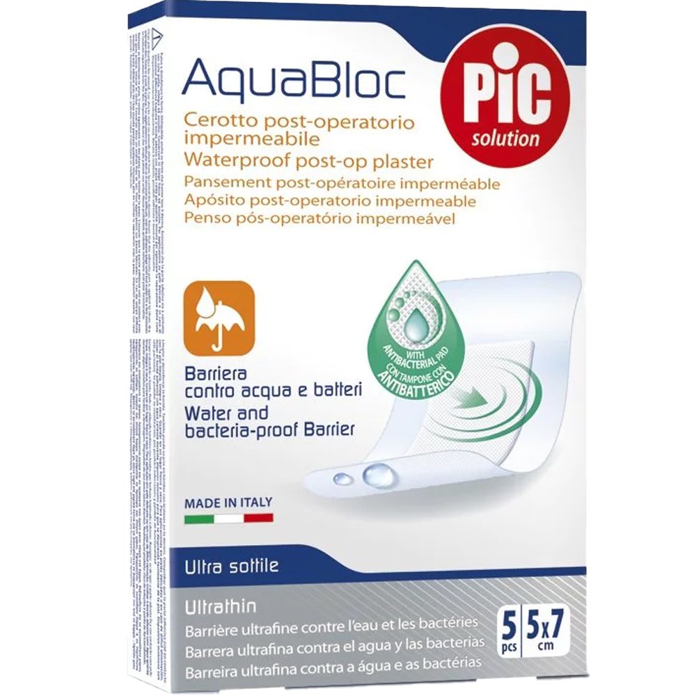 Pic Pic Solution Aquabloc Waterproof Post-Op Plaster Αδιάβροχο Αυτοκόλλητο Μετεγχειρητικό Επίθεμα με Ειδικό Αντιβακτηριακό Μαξιλαράκι 5 Τεμάχια - 5cm x 7cm